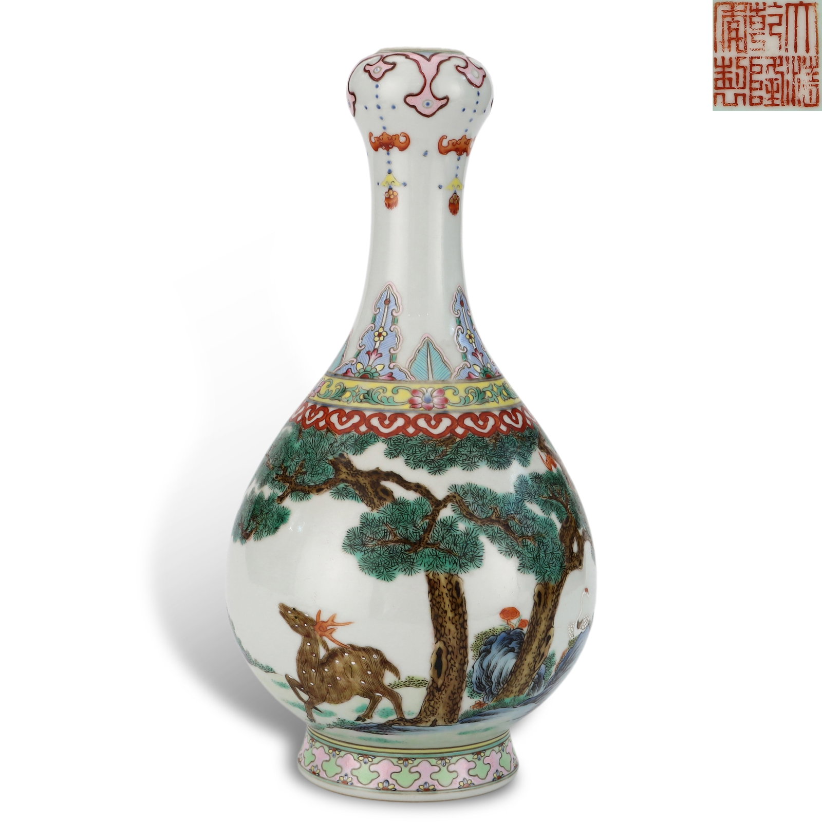 Qing Qianlong period, Foreign-Enamel Garlic-Head Vase with Deer and Crane: Name Qing Qianlong period, Foreign-Enamel Garlic-Head Vase with Deer and Crane Dimensions H:27.5cm D:14.2cm Description