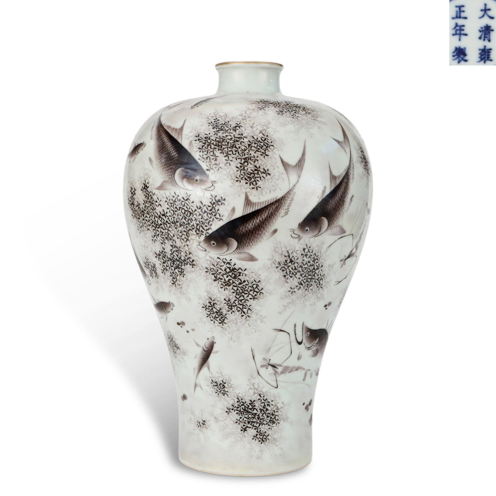 Qing Yongzheng period, Ink-Color Plum Vase with Fish and Algae: Name Qing Yongzheng period, Ink-Color Plum Vase with Fish and Algae Dimensions H:31.5cm D:19.5cm Description