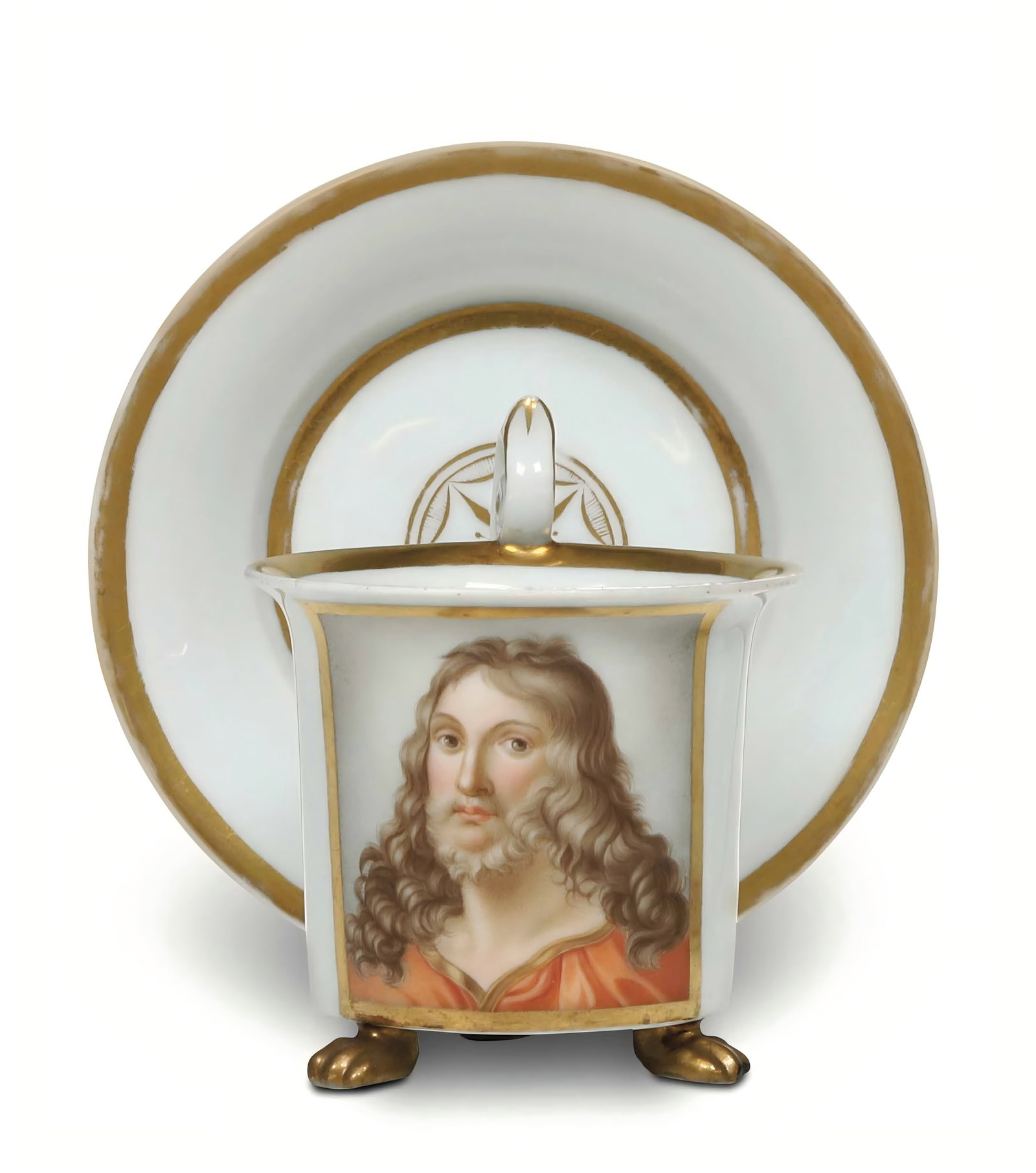 1816-1824, Meissen (Germany) Porcelain Cup and Saucer with 24K Gold Figure Portraits: Name 1816-1824, Meissen (Germany) Porcelain Cup and Saucer with 24K Gold Figure Portraits Dimensions D:7.8cm H:7cm/D:14cm Description Period: 1816-1824Material: Porcelain, 24K gilded goldOri