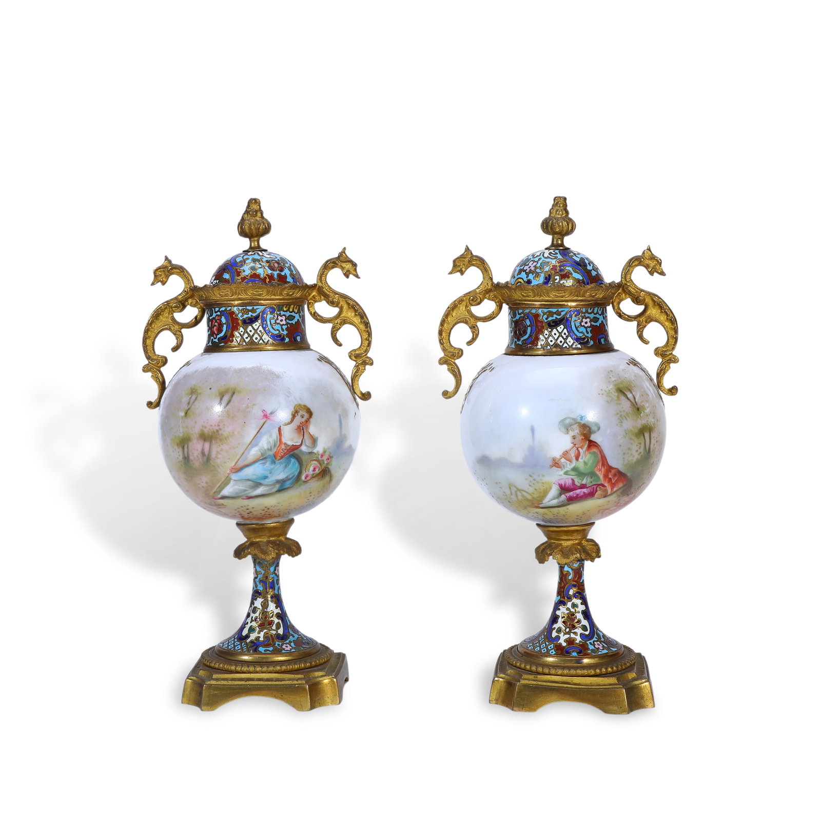 Late 19th Century, Pair of French Louis XVI Style Gilt Bronze Champlev?? & Enamel Lidded Vases with: Name Late 19th Century, Pair of French Louis XVI Style Gilt Bronze Champlev?? & Enamel Lidded Vases with Two Handles Dimensions H:19.5cm Description Period: Late 19th CenturyStyle: Louis XVI