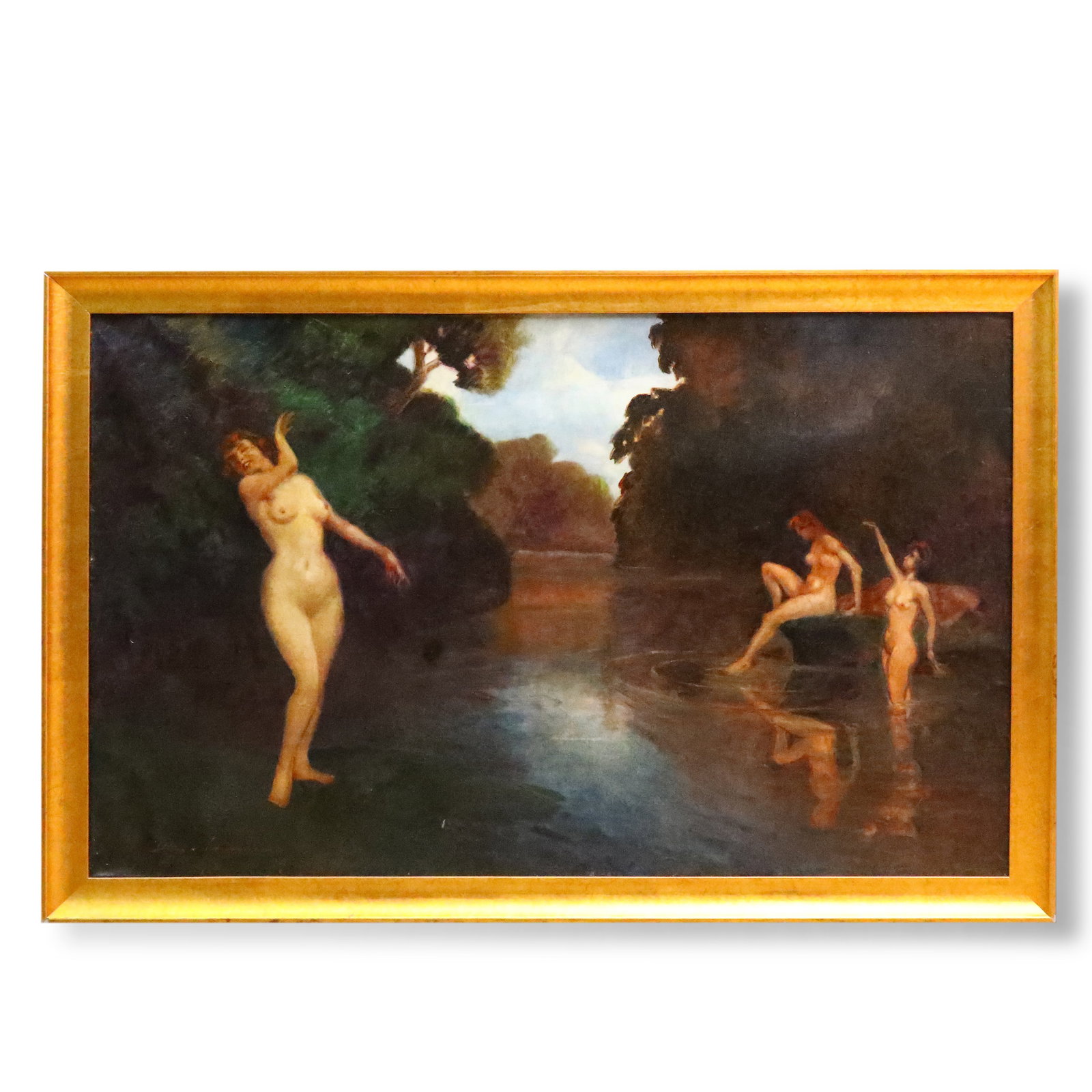 19th Century French School Oil Painting, Bather: Name 19th Century French School Oil Painting, Bather Dimensions 163x108cm Description Category: Oil painting on canvas, with antique carved giltwood frameArtist's Signature: Located at the l