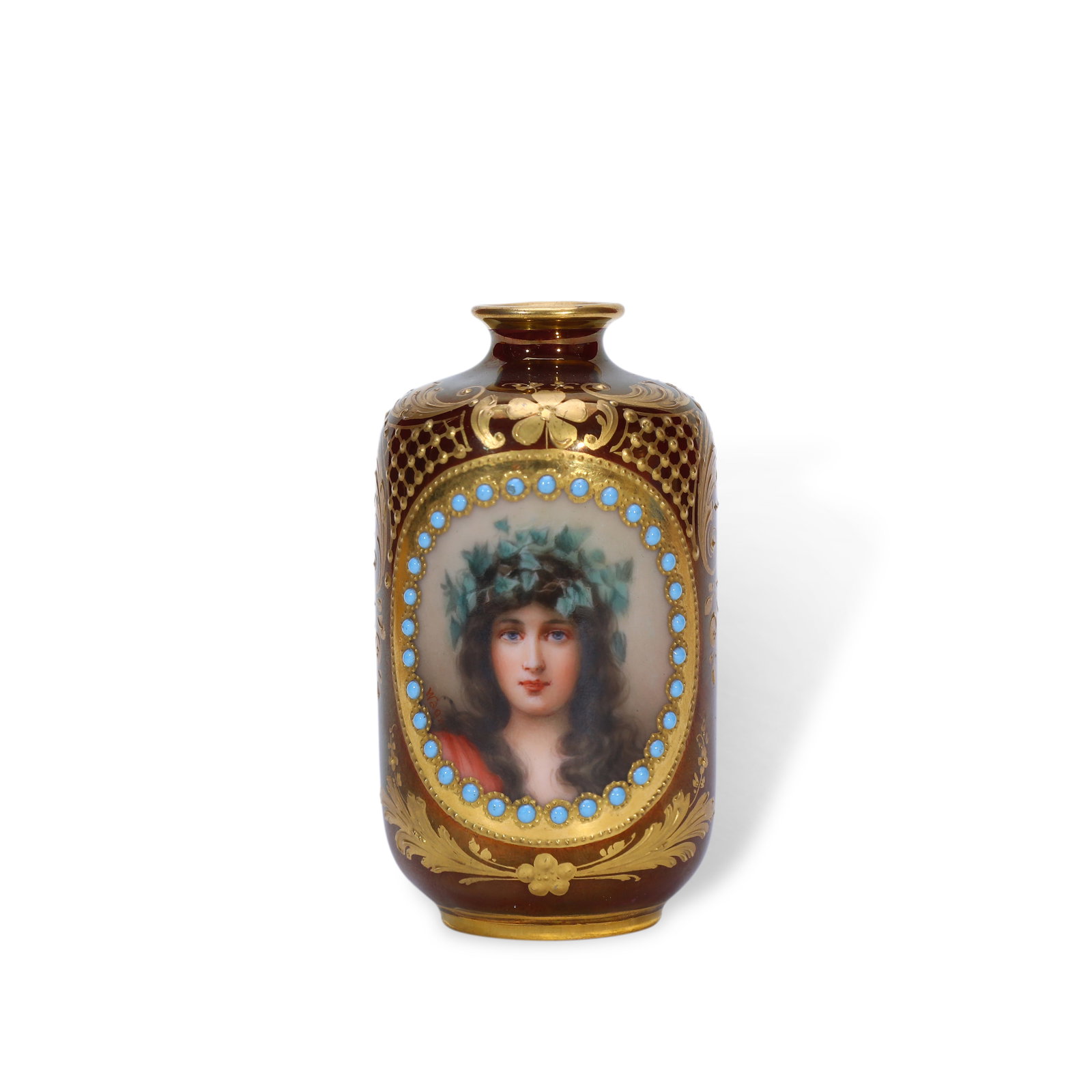 1900 Vienna (Austria) Art Nouveau Heavy Gilt Small Porcelain Vase with Flora from Roman Mythology: Name 1900 Vienna (Austria) Art Nouveau Heavy Gilt Small Porcelain Vase with Flora from Roman Mythology Dimensions H:8.5cm Description Period: 1900Style: Art Nouveau StyleMaterial: Porcelain,