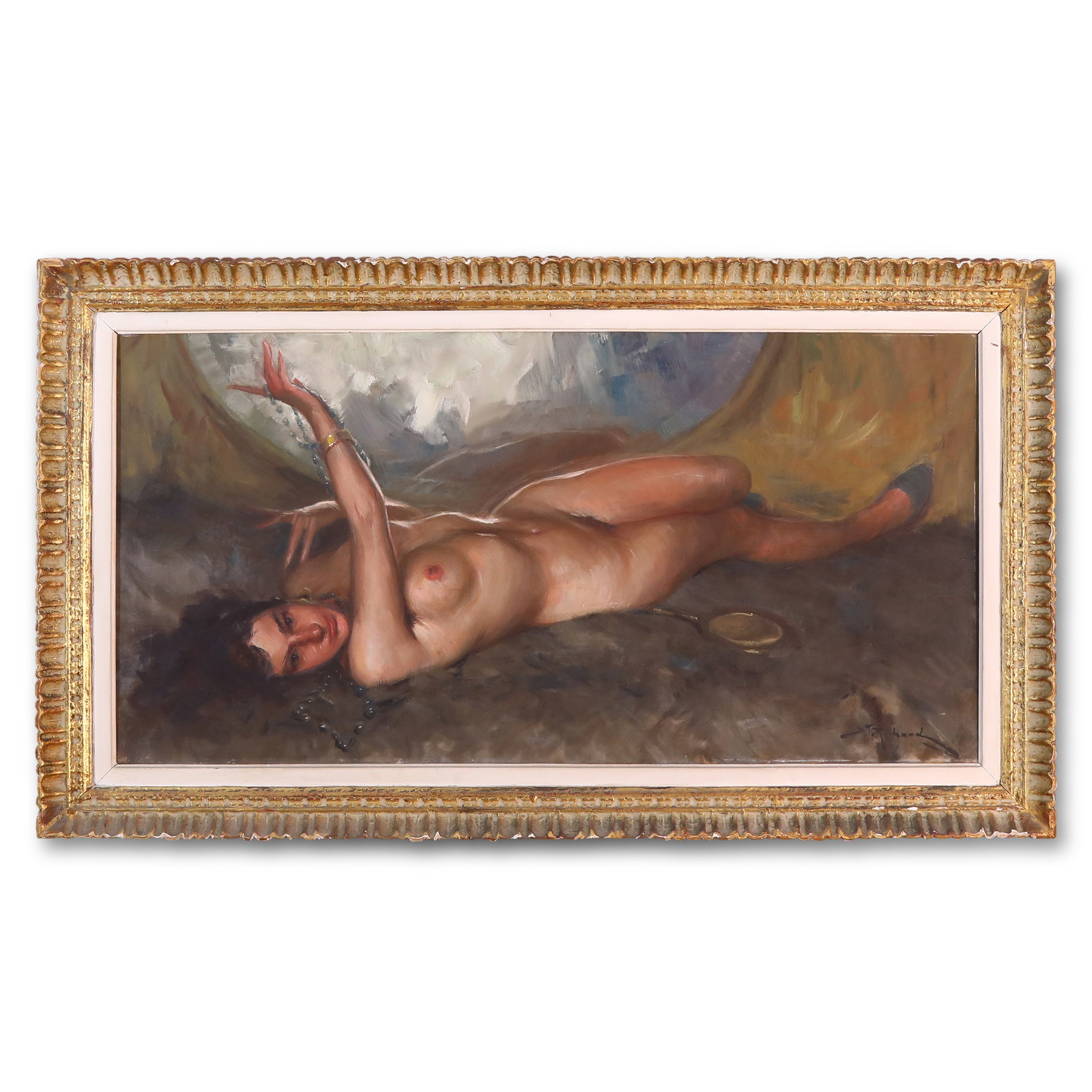 1940s Oil Painting of a Nude Female by Richard Durando Tongo (Italy, b.1910): Name 1940s Oil Painting of a Nude Female by Richard Durando Tongo (Italy, b.1910) Dimensions 60x120cm Description Category: Oil painting on canvas, fitted with a late 19th-century antique gi