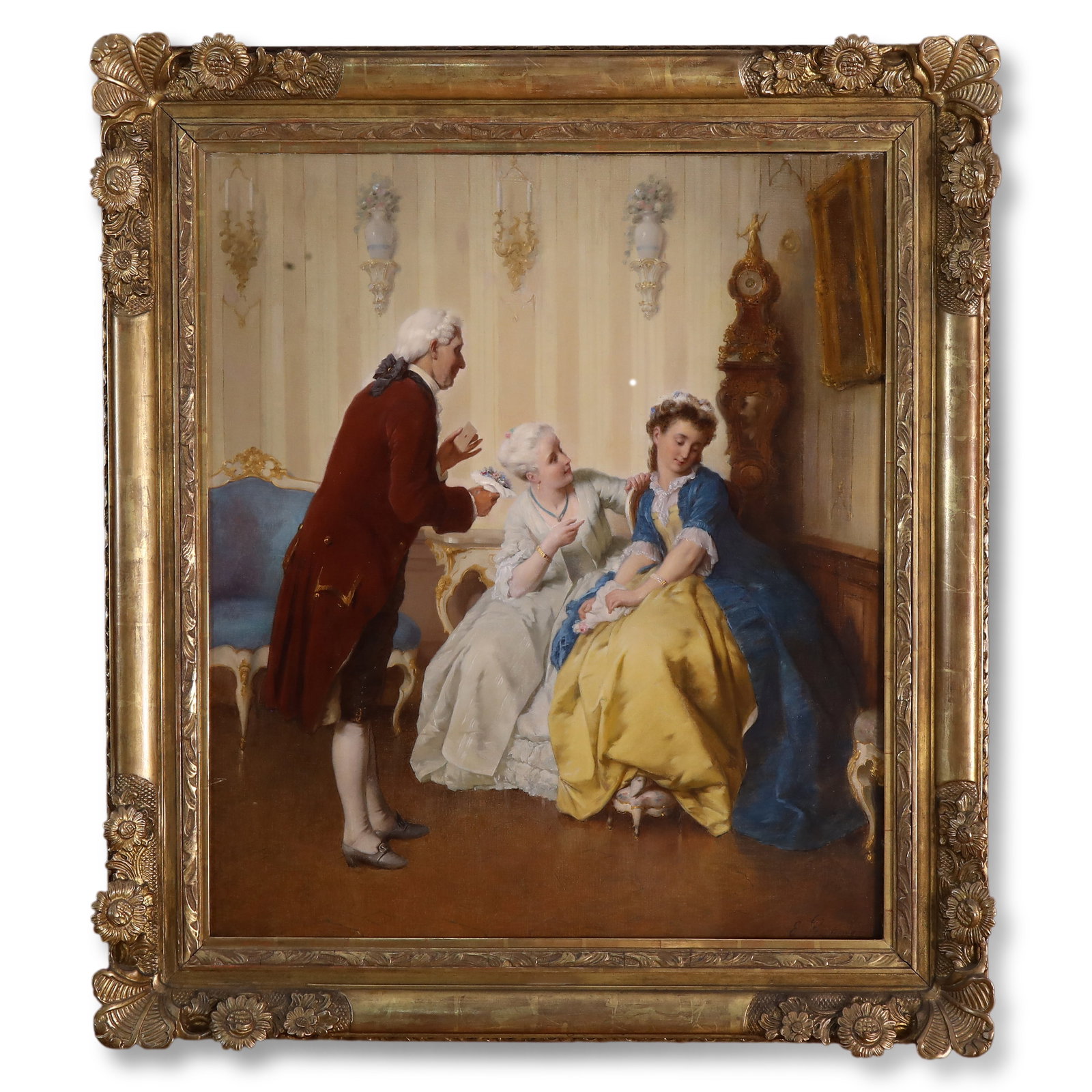 Mid-19th Century Oil Painting of Noble Proposal Scene by Edward Strasse (Switzerland): Name Mid-19th Century Oil Painting of Noble Proposal Scene by Edward Strasse (Switzerland) Dimensions 86x97cm Description Category: Oil painting on canvas, with a period carved giltwood high