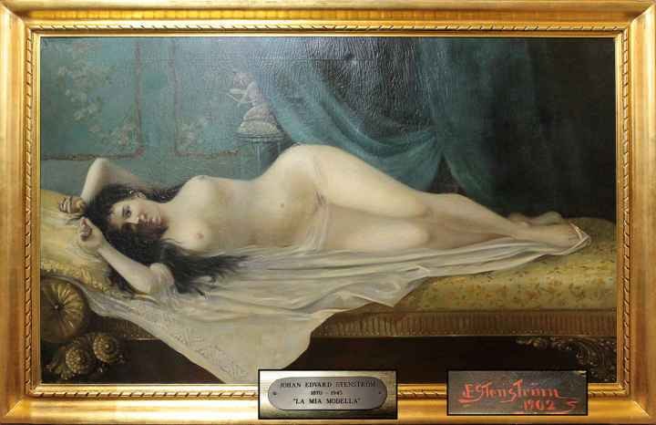 1902 Oil Painting of a Nude Model by Johan Edvard Stenstr?m (Sweden, 1870-1945): Name 1902 Oil Painting of a Nude Model by Johan Edvard Stenstr?m (Sweden, 1870-1945) Dimensions 145x232cm Description Year: 1902Category: Oil painting on canvas, with antique giltwood frameF