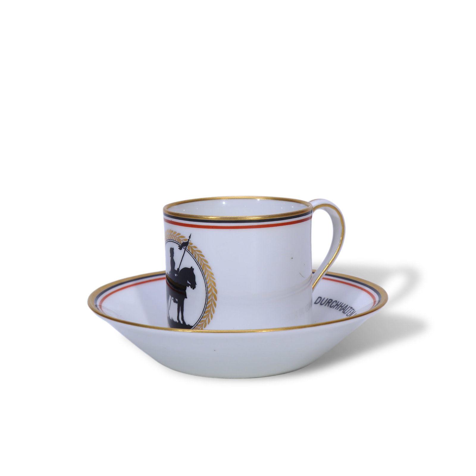 Early 20th Century KPM Berlin Hand-Painted Coffee Cup with Equestrian Knight: Name Early 20th Century KPM Berlin Hand-Painted Coffee Cup with Equestrian Knight Dimensions D:4.8cm H:4.5cm/D:9.5cm Description Period: Early 20th CenturyStyle: Neoclassical StyleMaterial: