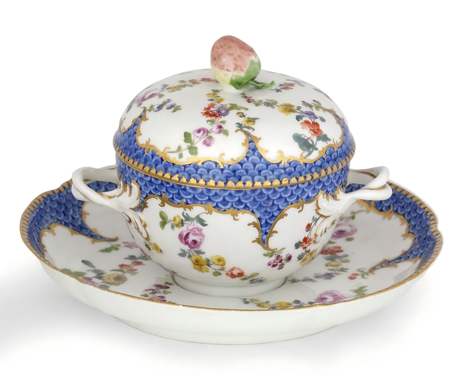 18th Century Meissen Louis XVI Style Hand-Painted Two-Handled Lidded Porcelain Bowl with Roses (1 of 7)