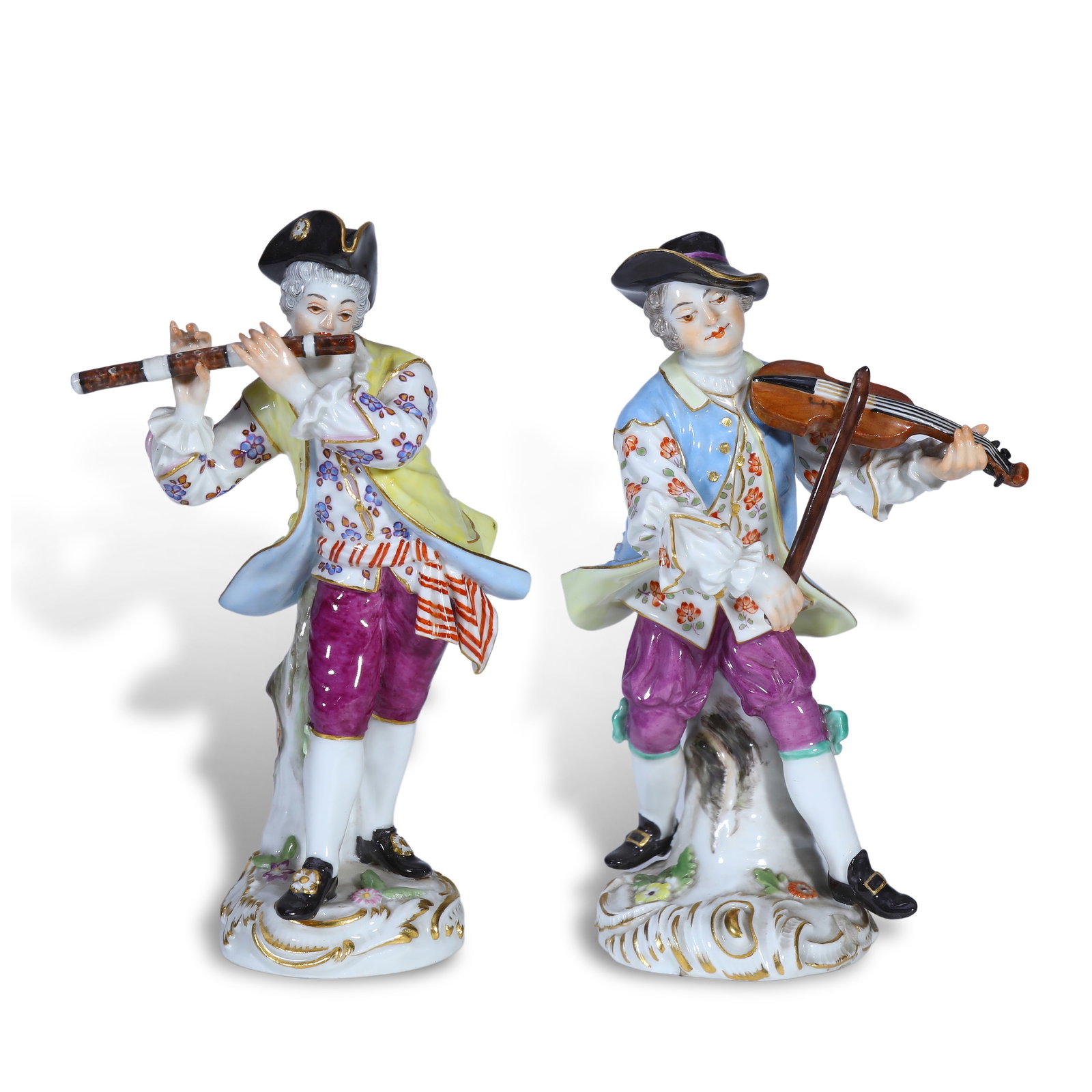 Late 19th Century Pair of Meissen Rococo Porcelain Figurines of Court Musicians: Name Late 19th Century Pair of Meissen Rococo Porcelain Figurines of Court Musicians Dimensions H:13cm Description Period: Late 19th Century (hand-painted blue porcelain hallmark on the base