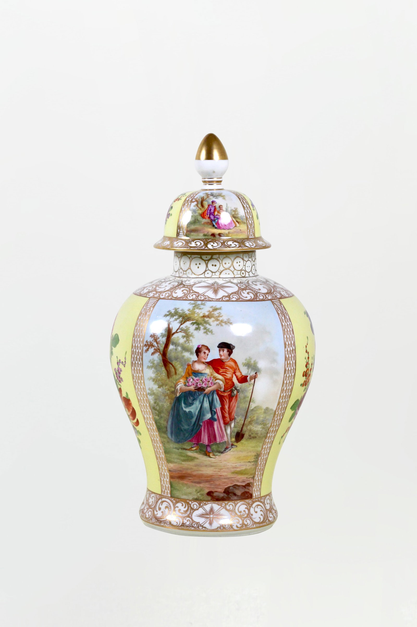 1903 Dresden Potschappel Yellow Gilt Hand-Painted Large Lidded Porcelain Jar with European Court: Name 1903 Dresden Potschappel Yellow Gilt Hand-Painted Large Lidded Porcelain Jar with European Court Love Scene Dimensions H:53cm Description Period: Circa 1903Style: Rococo Court StyleMate