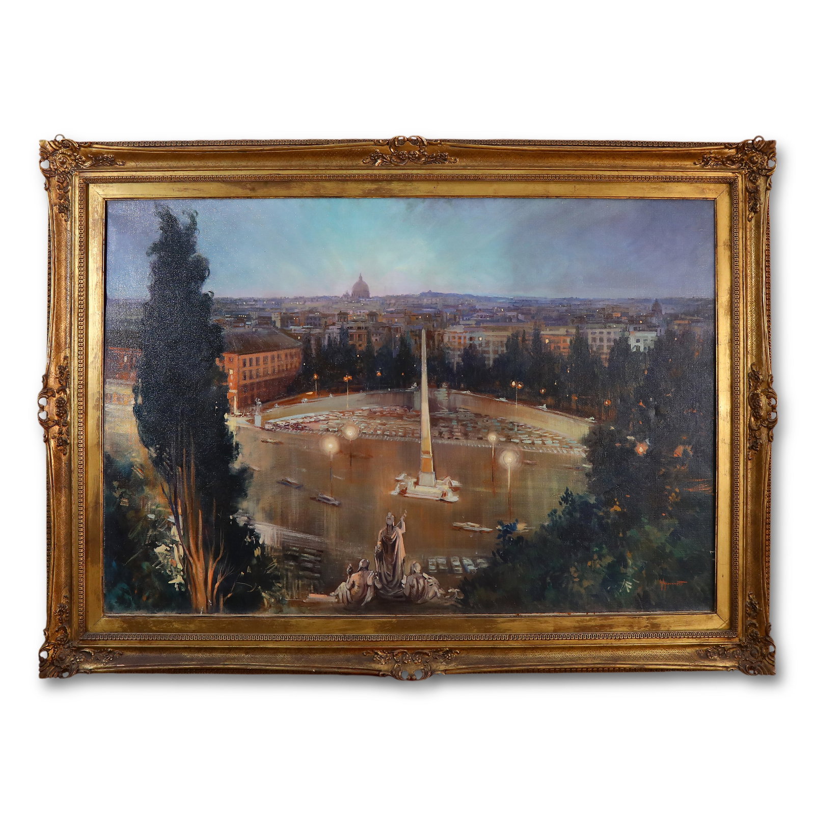 1960s Oil Painting of Piazza del Popolo and Vatican from Pincio Hill by Giordano Giovanetti (Italy): Name 1960s Oil Painting of Piazza del Popolo and Vatican from Pincio Hill by Giordano Giovanetti (Italy) Dimensions 150x100cm Description Title: View of Piazza del Popolo and the Vatican fro