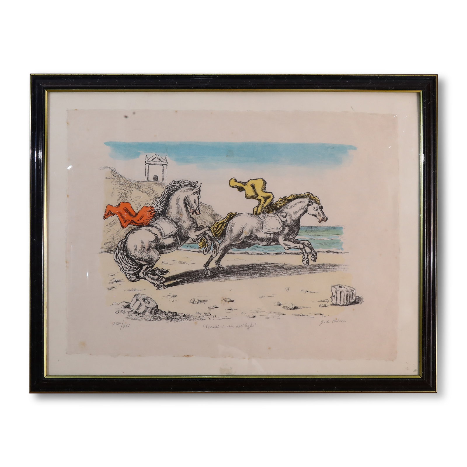 1960s-70s Color Lithograph Galloping War Horse on the Aegean Coast by Giorgio de Chirico: Name 1960s-70s Color Lithograph Galloping War Horse on the Aegean Coast by Giorgio de Chirico Dimensions 70x89cm Description Category: Coloured lithograph (with black wooden frame)Artist: It