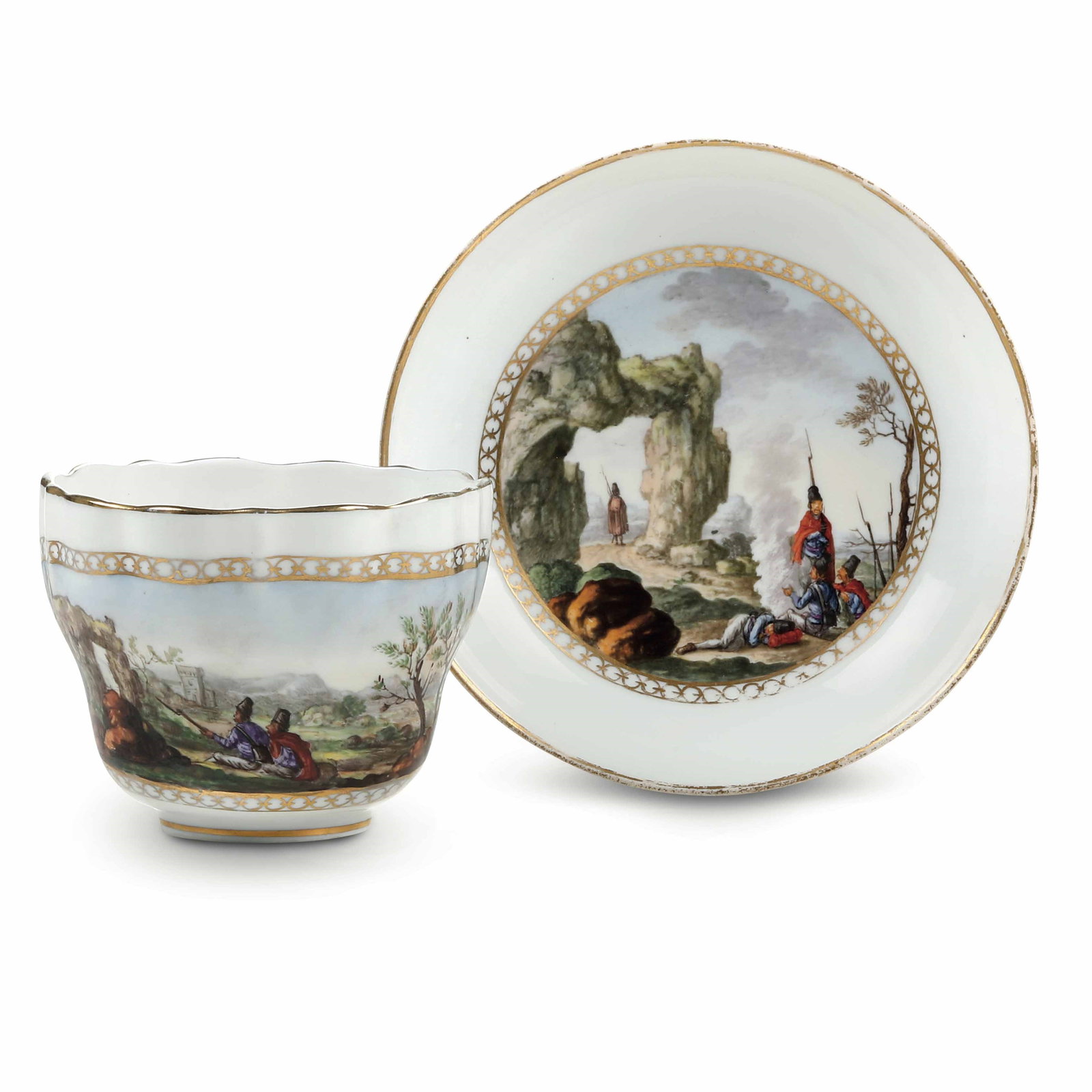 1780 & Early 20th Century Meissen Gilt Hand-Painted Porcelain Cups and Saucers with Military: Name 1780 & Early 20th Century Meissen Gilt Hand-Painted Porcelain Cups and Saucers with Military Soldiers Dimensions D:9.2cm H:7cm/D:13.5cm Description Period: Circa 1780 & Early 20th Centu
