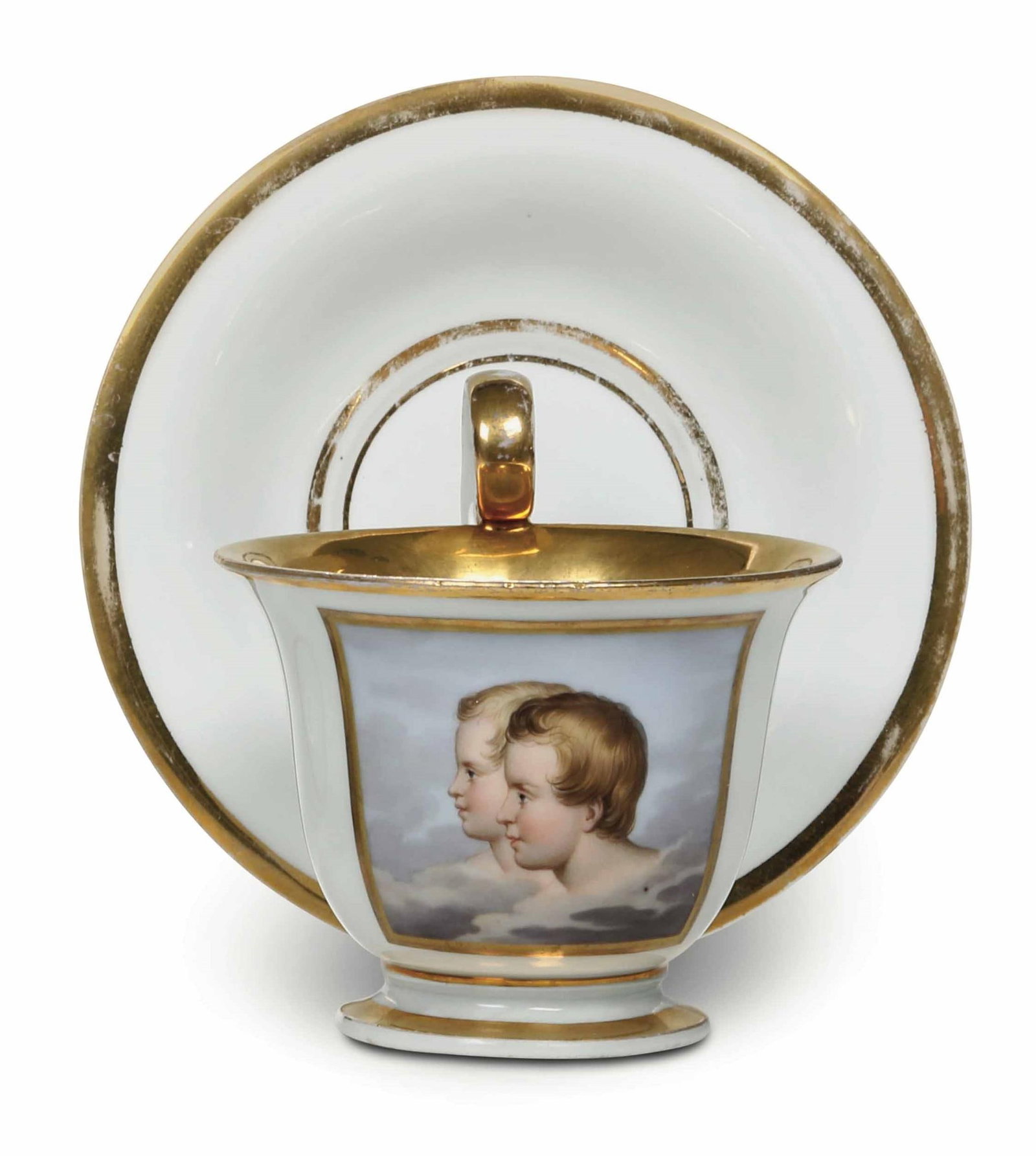 1816-1824 Meissen Porcelain Cup and Saucer with 24K Gold Figural Portraits: Name 1816-1824 Meissen Porcelain Cup and Saucer with 24K Gold Figural Portraits Dimensions D:9.5cm H:7.5cm/D:13cm Description Period: 1816-1824Material: Porcelain, 24K Gilt GoldOrigin: Royal