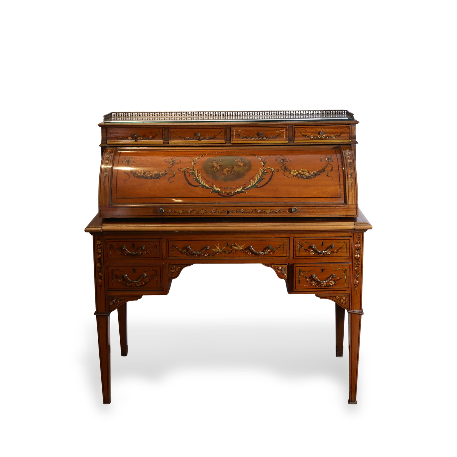 Late 19th Century British Hand-Painted Writing Desk with Noble Lady Decoration: Name Late 19th Century British Hand-Painted Writing Desk with Noble Lady Decoration Dimensions H:112cm L:107cm W:57cm Description Style: Victorian StyleMaterial: Linden Wood, Brass, LeatherO