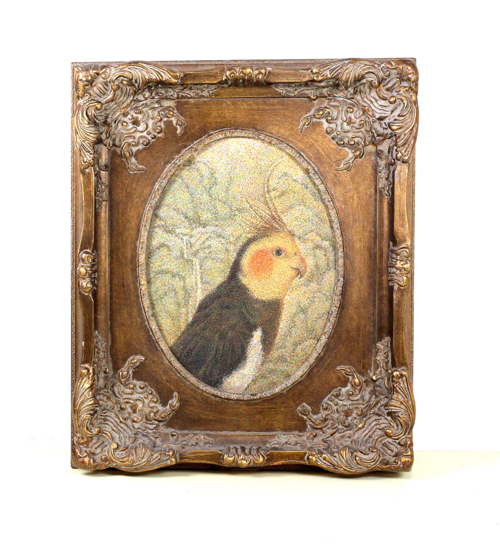 European Oil Painting Cockatiel: Name European Oil Painting Cockatiel Dimensions 50x60cm Description Fine European oil painting titled Cockatiel. Presented in an exquisite antique solid wood frame with elaborate hand-carved