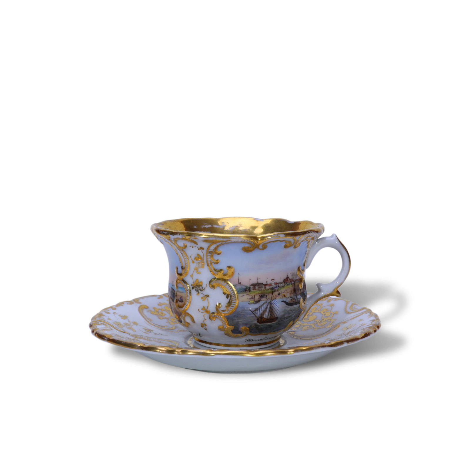 Early 20th Century German Biedermeier Gilt Hand-Painted Coffee Cup with Three German Coastal City (1 of 6)