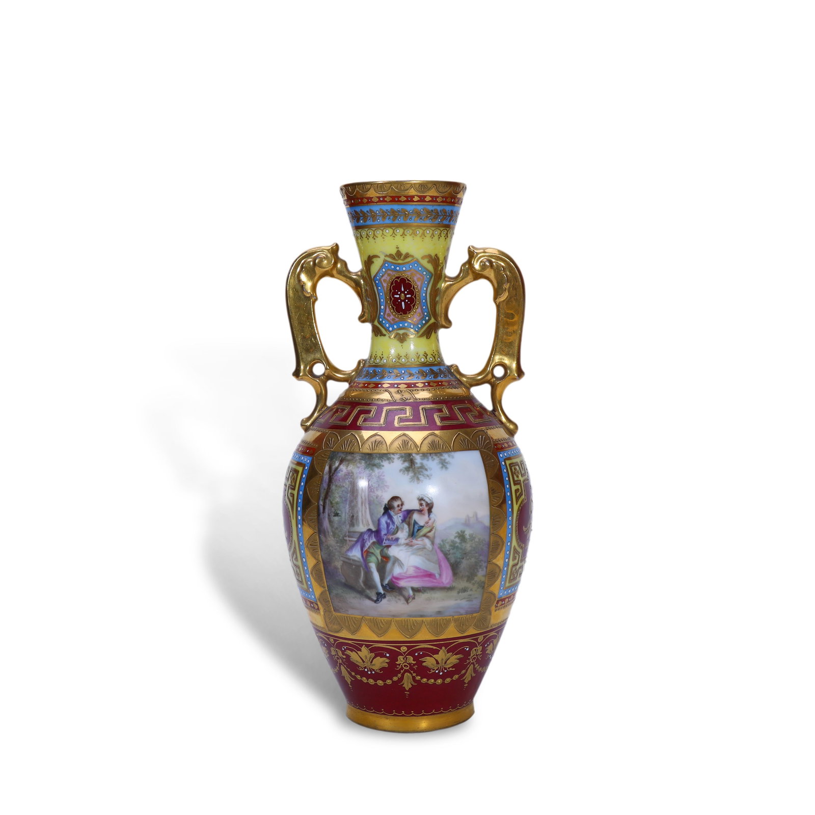 1939 Vienna Royal Porcelain Factory Heavy Gilt Two-Handled Porcelain Vase with French Court Figures: Name 1939 Vienna Royal Porcelain Factory Heavy Gilt Two-Handled Porcelain Vase with French Court Figures Dimensions H:20cm Description Period: 1939Style: Art Nouveau StyleMaterial: Porcelain