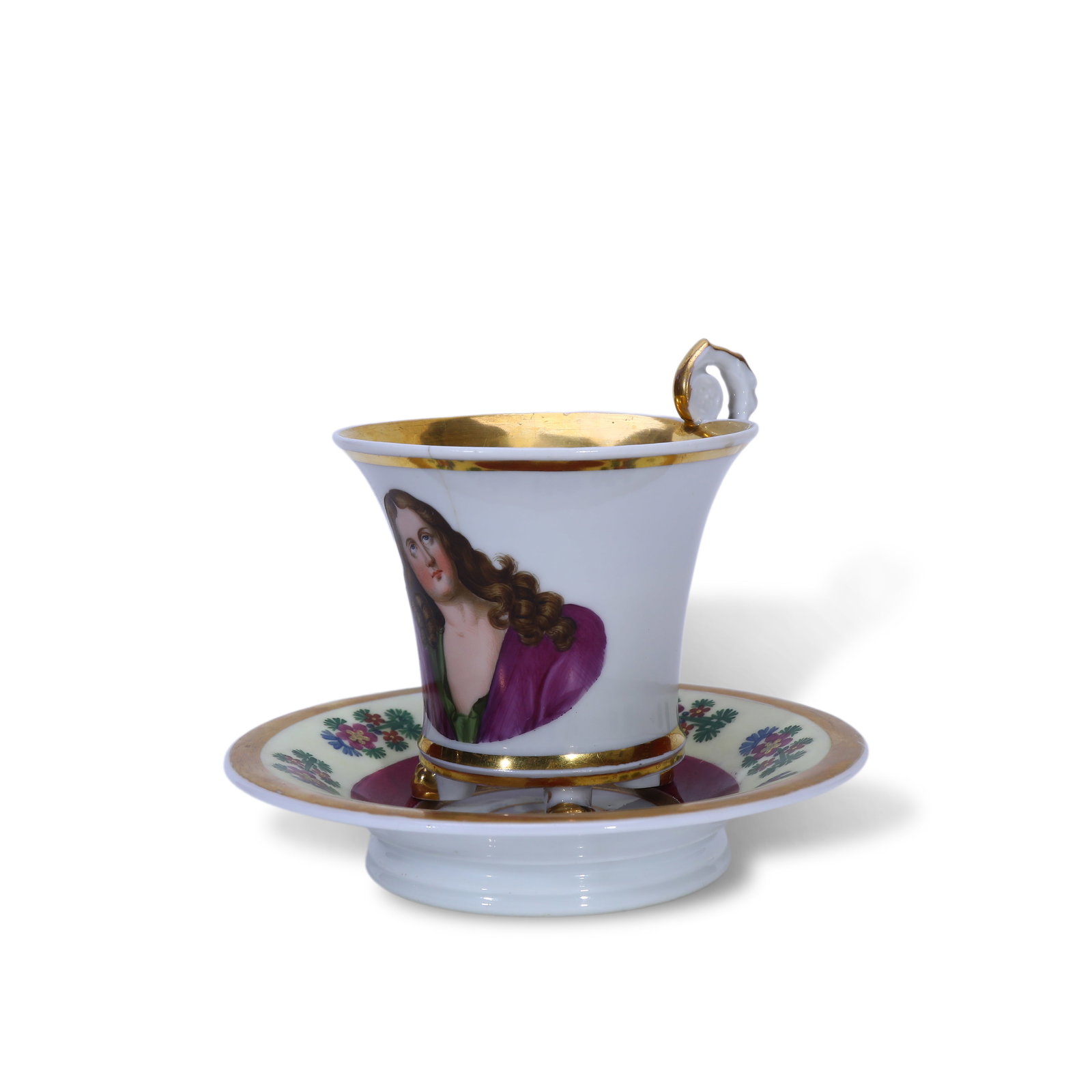 German Biedermeier Period (1815-1848) Heavy Gilt Porcelain Cup and Saucer with Renaissance Noble: Name German Biedermeier Period (1815-1848) Heavy Gilt Porcelain Cup and Saucer with Renaissance Noble Maiden in Purple Dimensions D:9cm H:8cm/D:14cm Description Period: German Biedermeier Pe