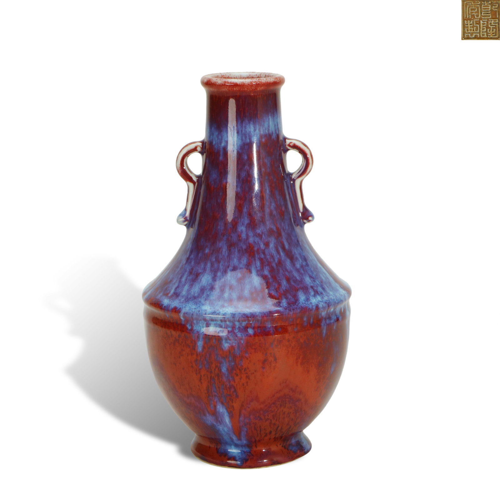 Qing Dynasty Qianlong period, flamb??-glazed covered zun with double ears: Name Qing Dynasty Qianlong period, flamb??-glazed covered zun with double ears Dimensions H:22.8cm D:12cm Description
