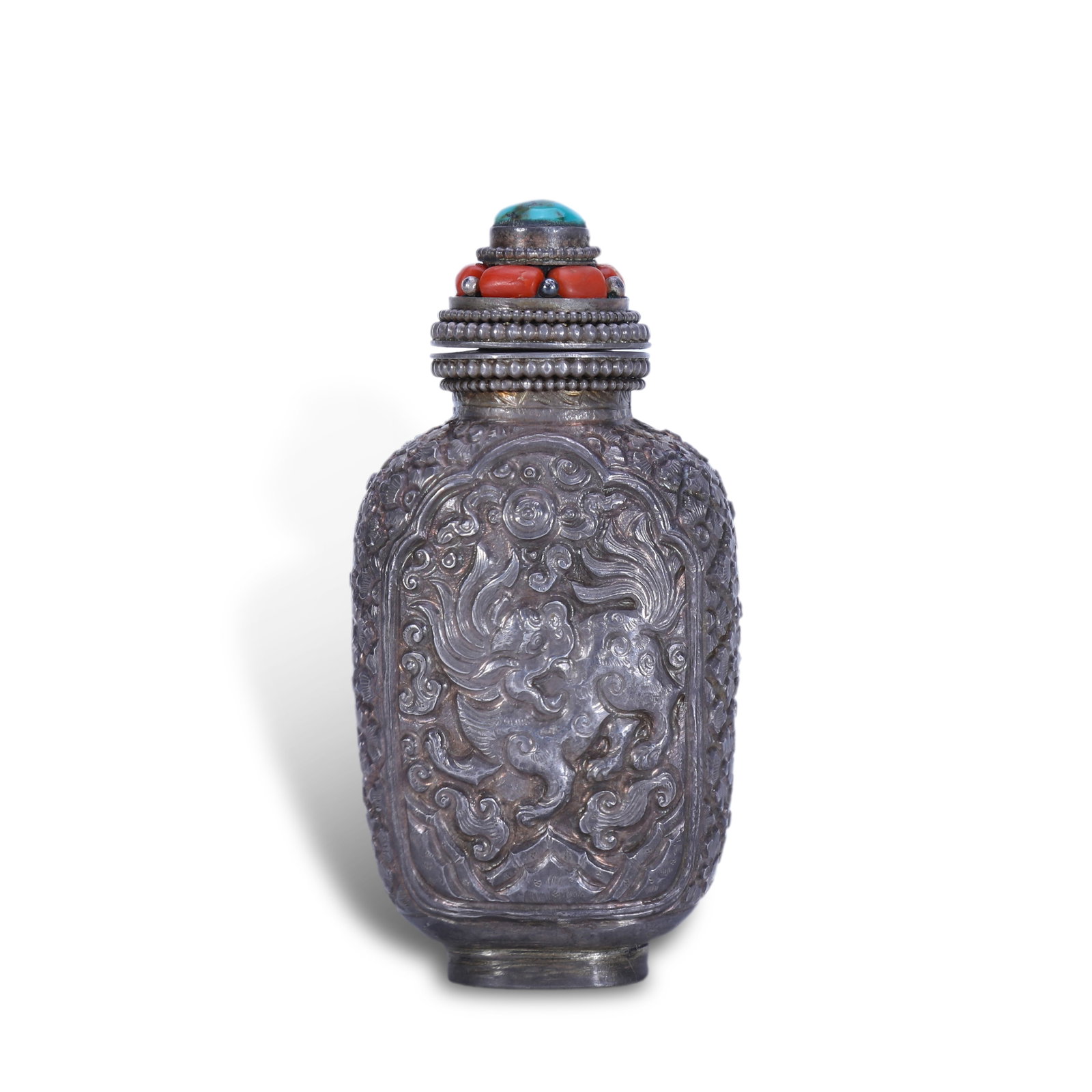 Qing Dynasty, Silver Snuff Bottle with Qilin and Phoenix: Name Qing Dynasty, Silver Snuff Bottle with Qilin and Phoenix Dimensions H:7.8cm W:3.9cm Description