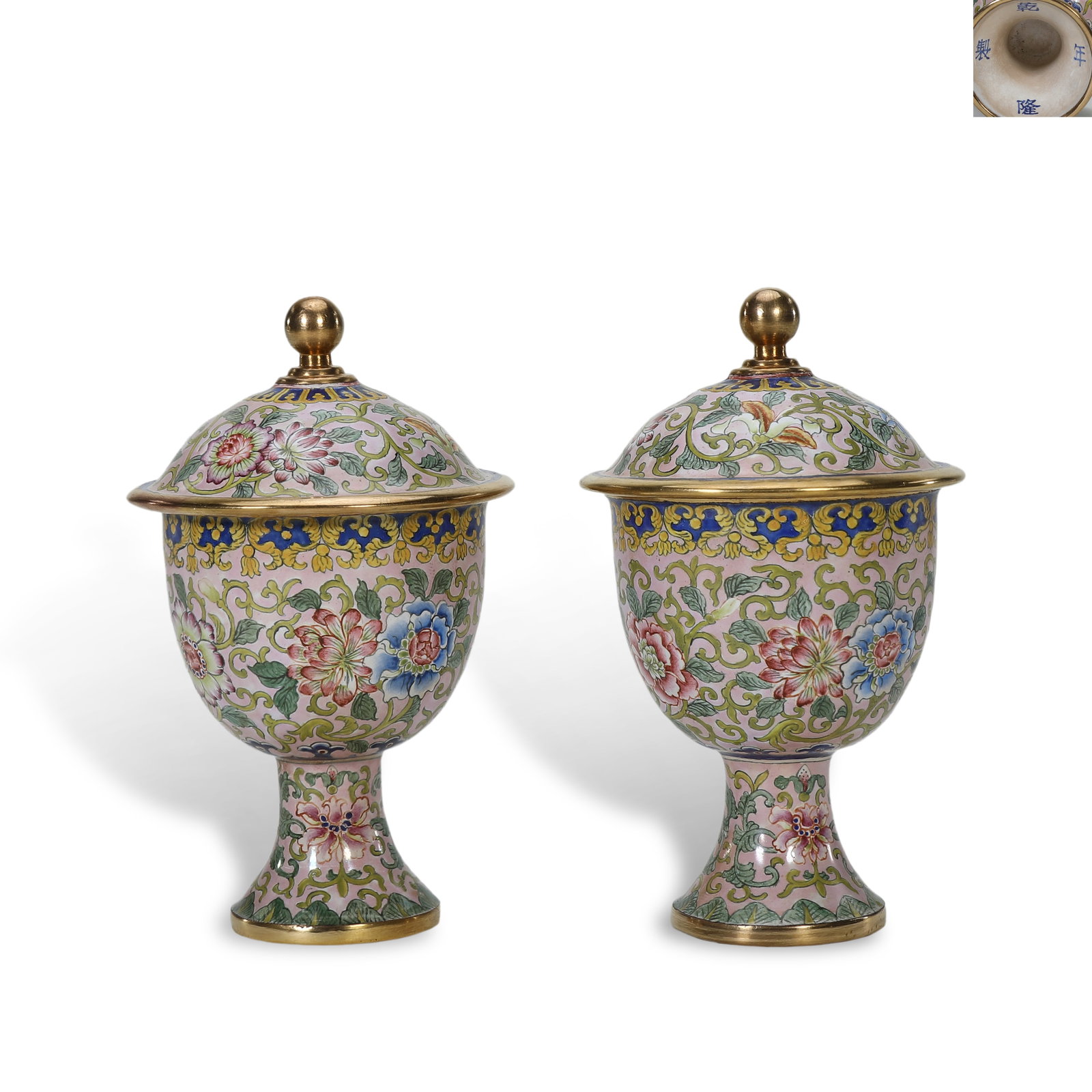 Qing Qianlong period, Pair of Cloisonn?? Enamel Lidded Cups with Interlocking Floral Scrolls: Name Qing Qianlong period, Pair of Cloisonn?? Enamel Lidded Cups with Interlocking Floral Scrolls Dimensions H:10cm D:6.2cm Description