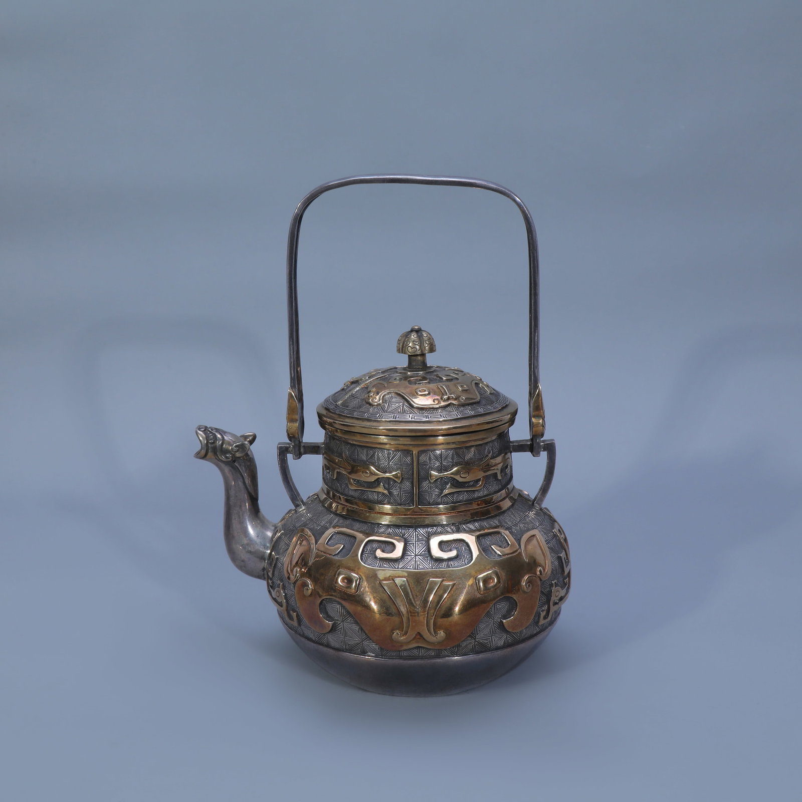 Gilt Solid Silver Teapot with Taotie Pattern - 2