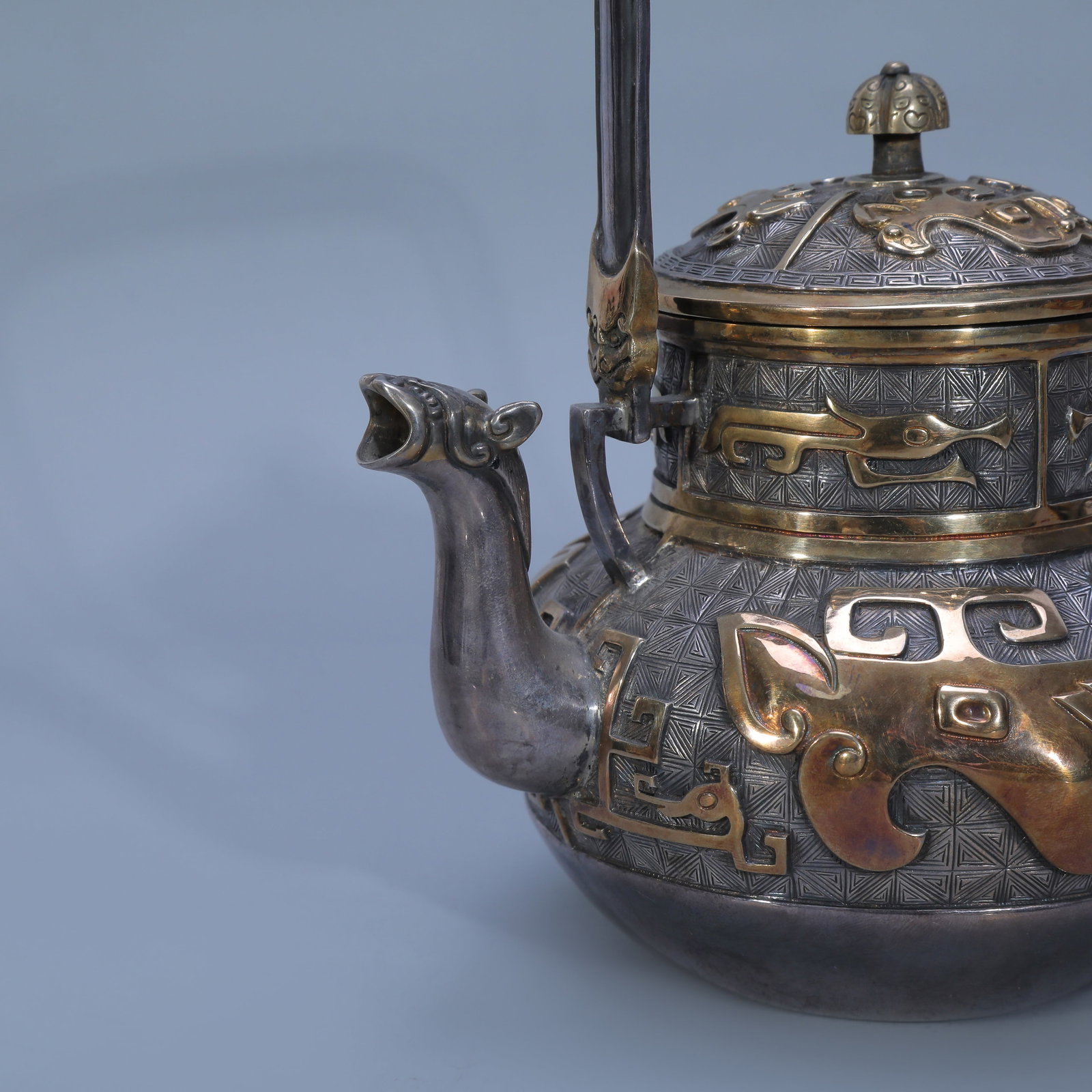 Gilt Solid Silver Teapot with Taotie Pattern - 3