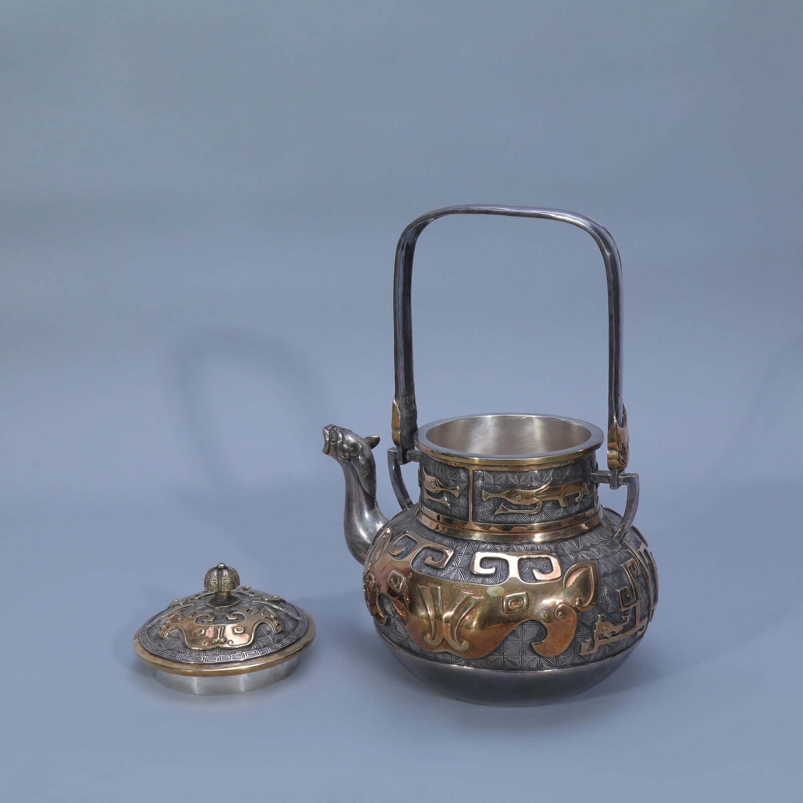 Gilt Solid Silver Teapot with Taotie Pattern - 4