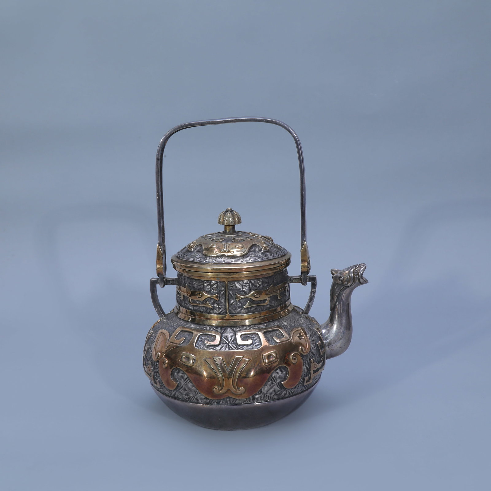 Gilt Solid Silver Teapot with Taotie Pattern - 5