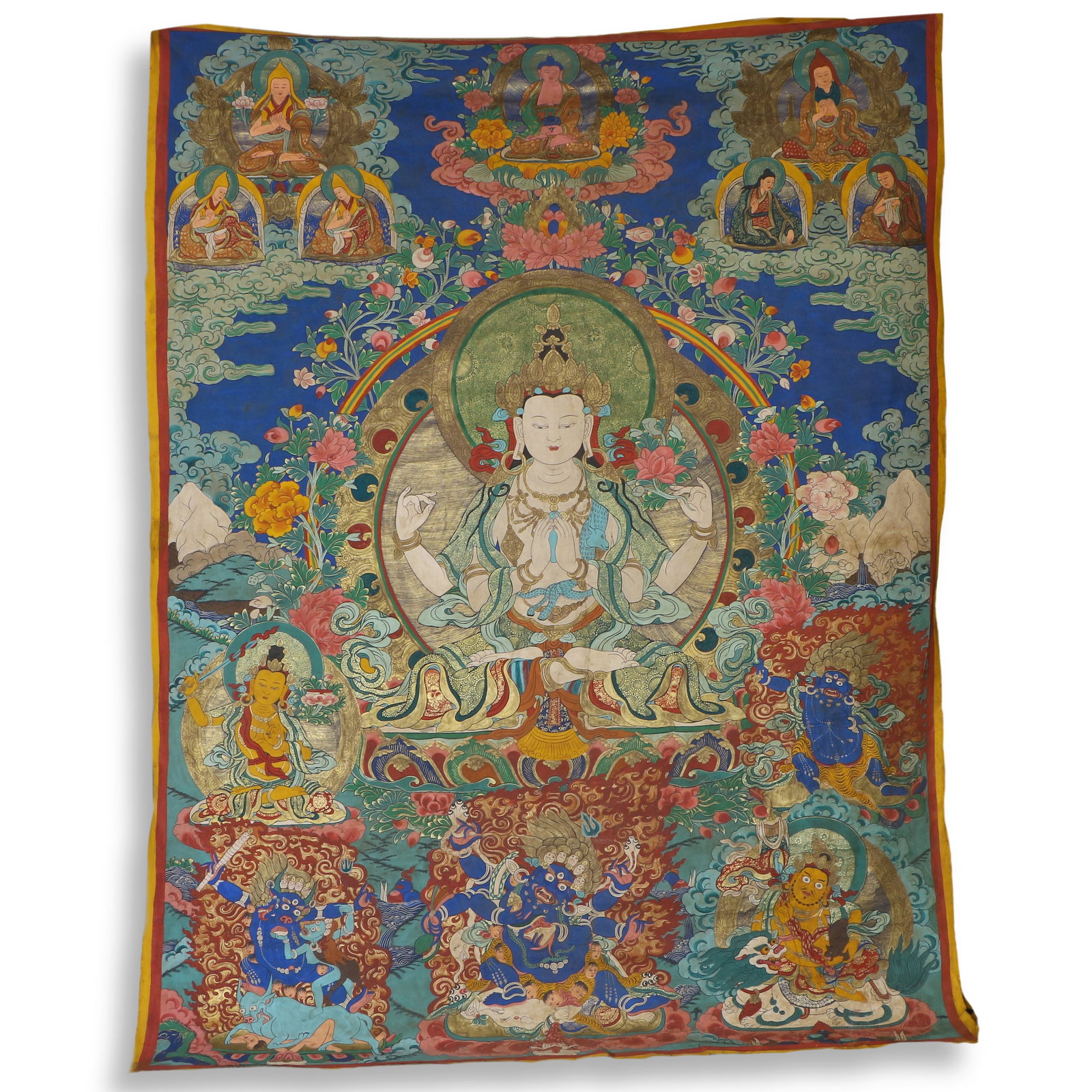 Qing Dynasty Large-scale Tangka of the Four-armed Avalokitesvara Bodhisattva: Name Qing Dynasty Large-scale Tangka of the Four-armed Avalokitesvara Bodhisattva Dimensions 336x250cm Description