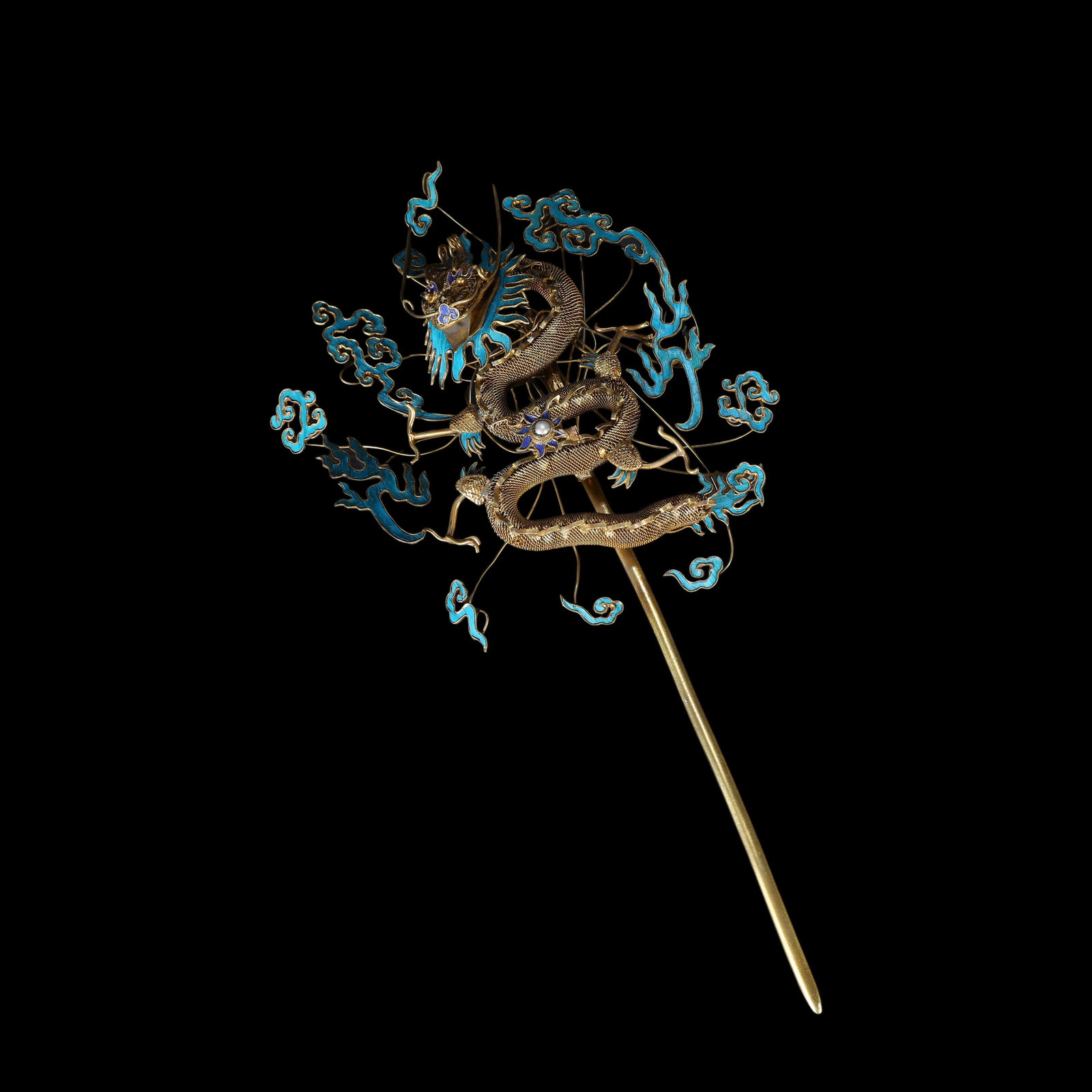 Qing Dynasty, Gilt Silver Filigree & Kingfisher Feather Dragon Hairpin (1 of 5)