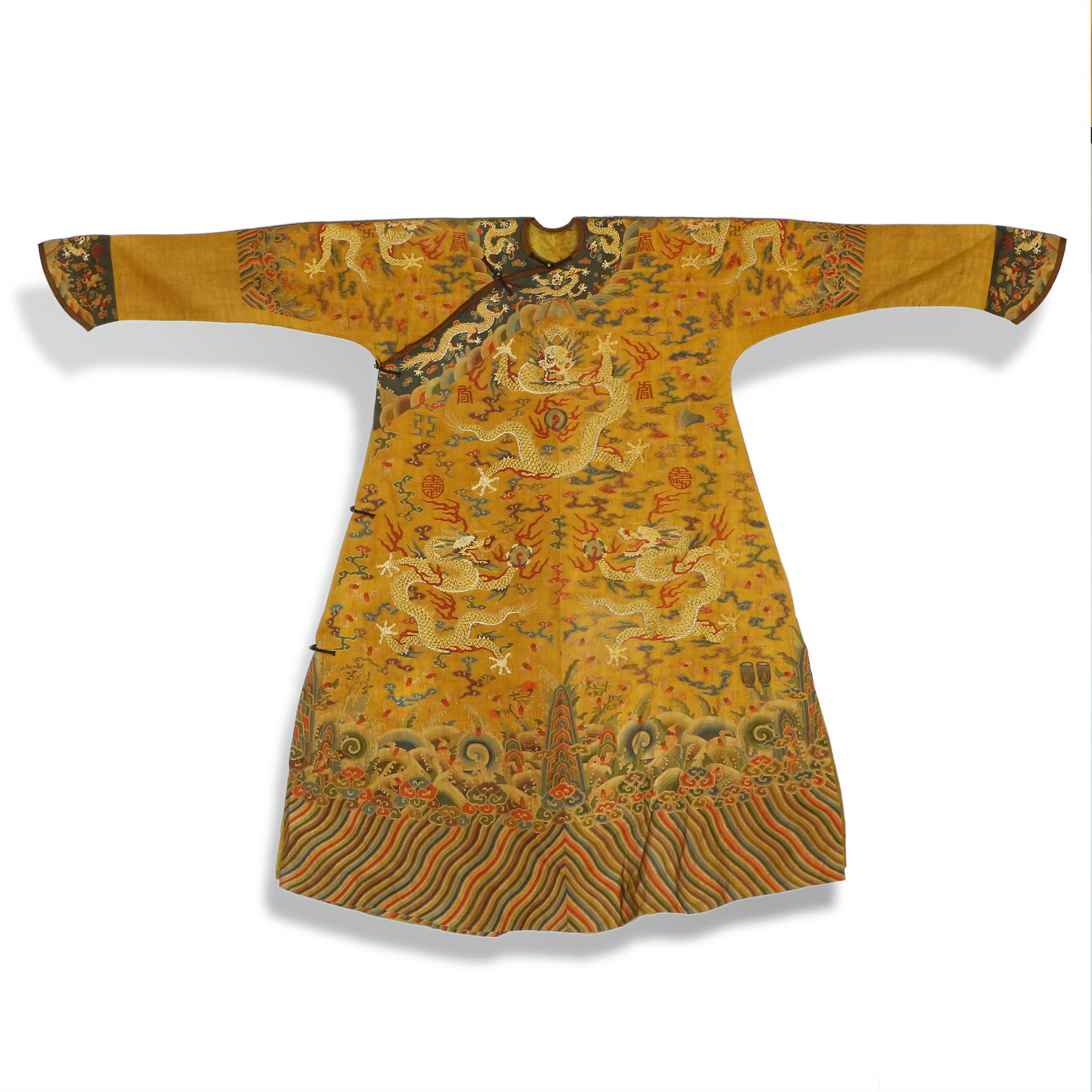 Qing Dynasty, Yellow Ground Embroidered Dragon Robe with Twelve Symbols & Golden Dragons: Name Qing Dynasty, Yellow Ground Embroidered Dragon Robe with Twelve Symbols & Golden Dragons Dimensions H:146cm W:212cm Description
