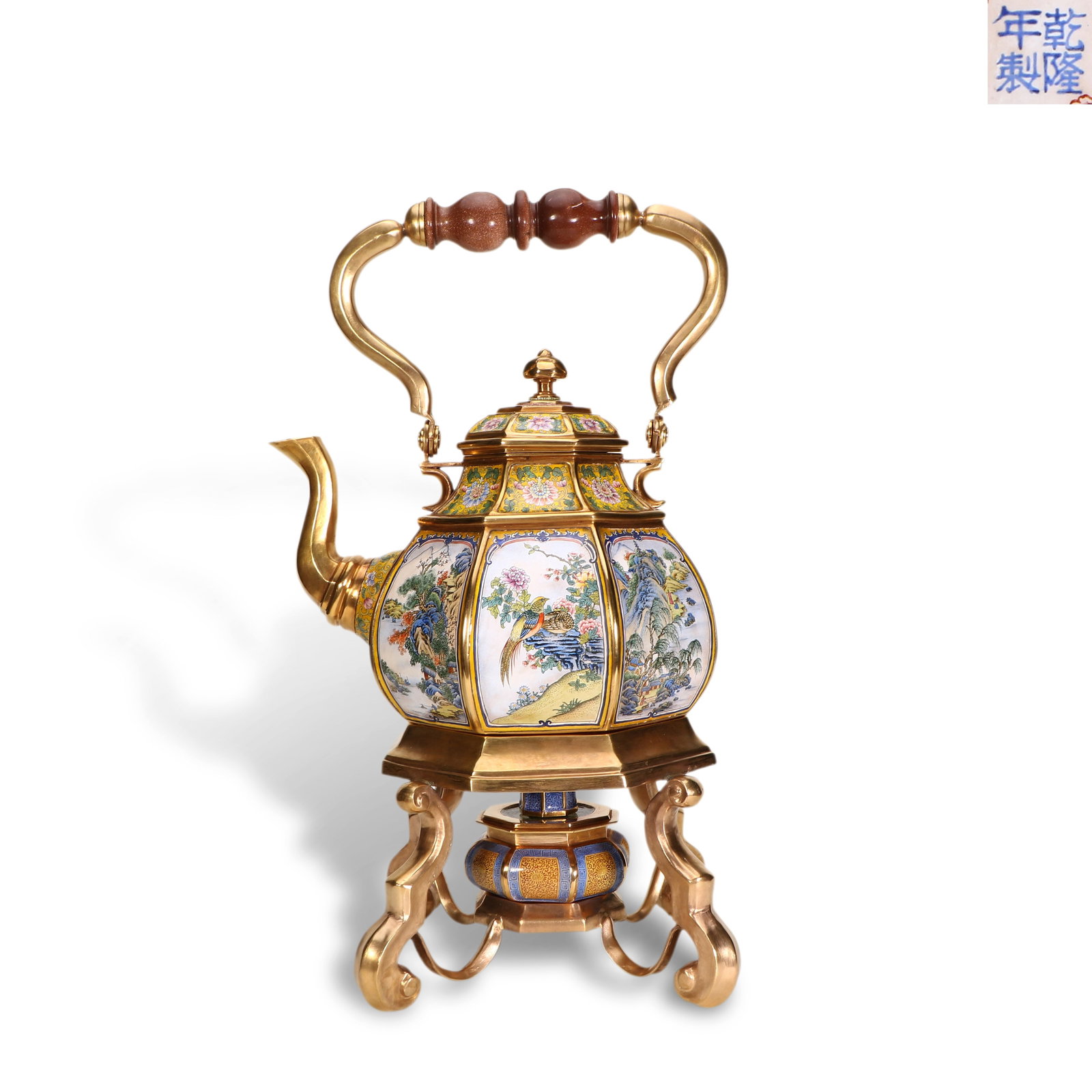 Qing Dynasty Qianlong Period,Copper-Bodied Painted Enamel Octagonal Handled Pot with Flower-Bird and (1 of 11)