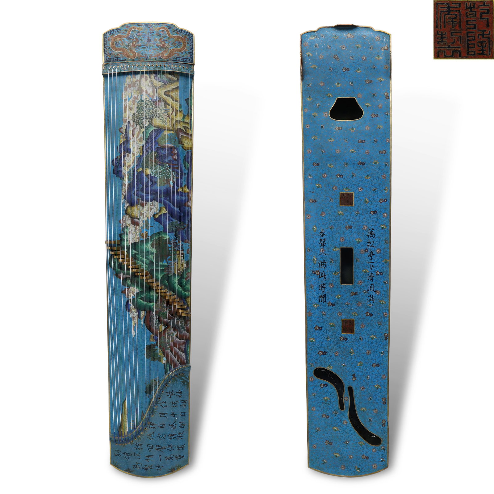 Qing Qianlong period, Cloisonn?? Enamel Guzheng with Landscape & Imperial Poem Inscription: Name Qing Qianlong period, Cloisonn?? Enamel Guzheng with Landscape & Imperial Poem Inscription Dimensions L:164cm W:33cm Description