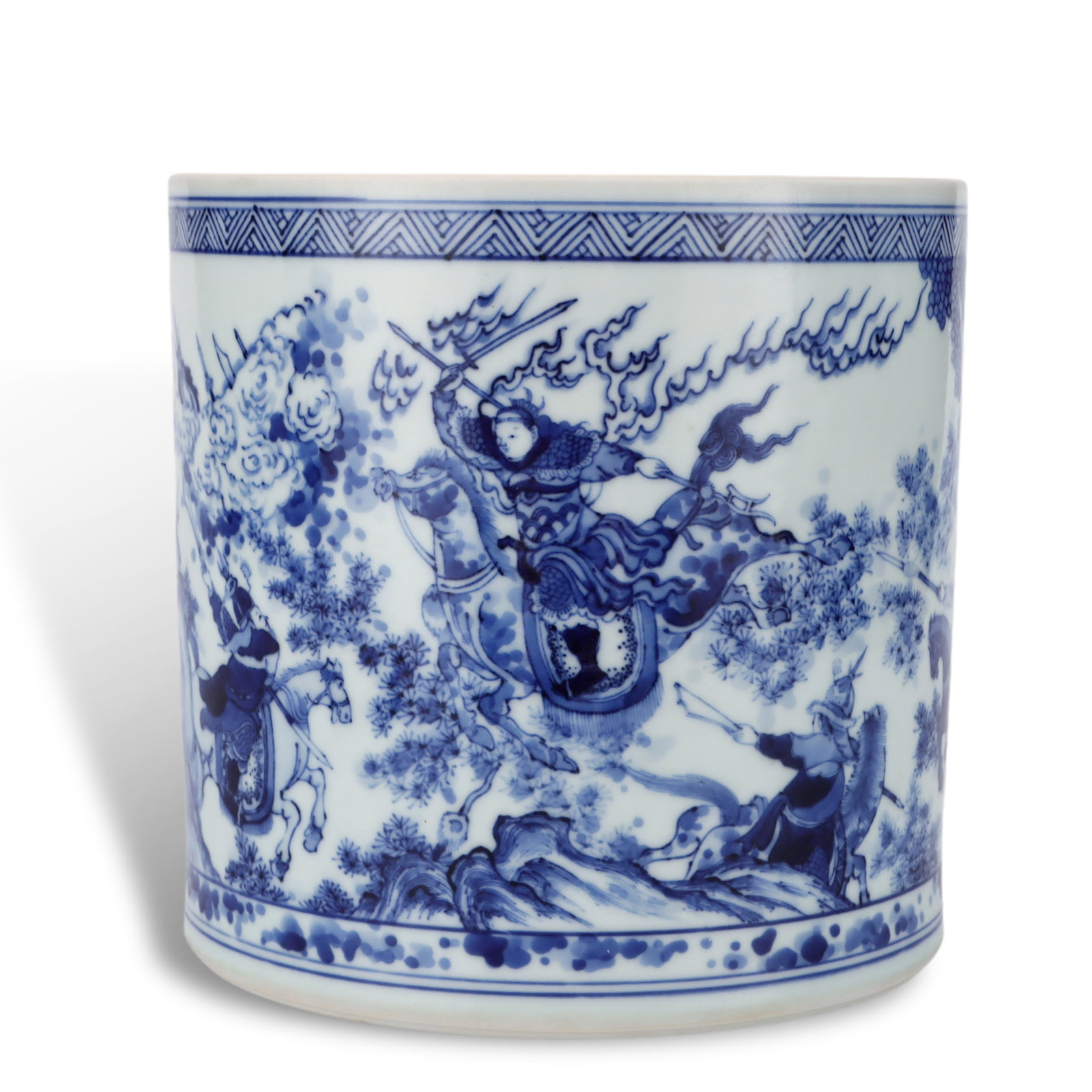Qing Kangxi period, Blue and White Brush Pot with Figure Story: Name Qing Kangxi period, Blue and White Brush Pot with Figure Story Dimensions H:19cm D:19.5cm Description