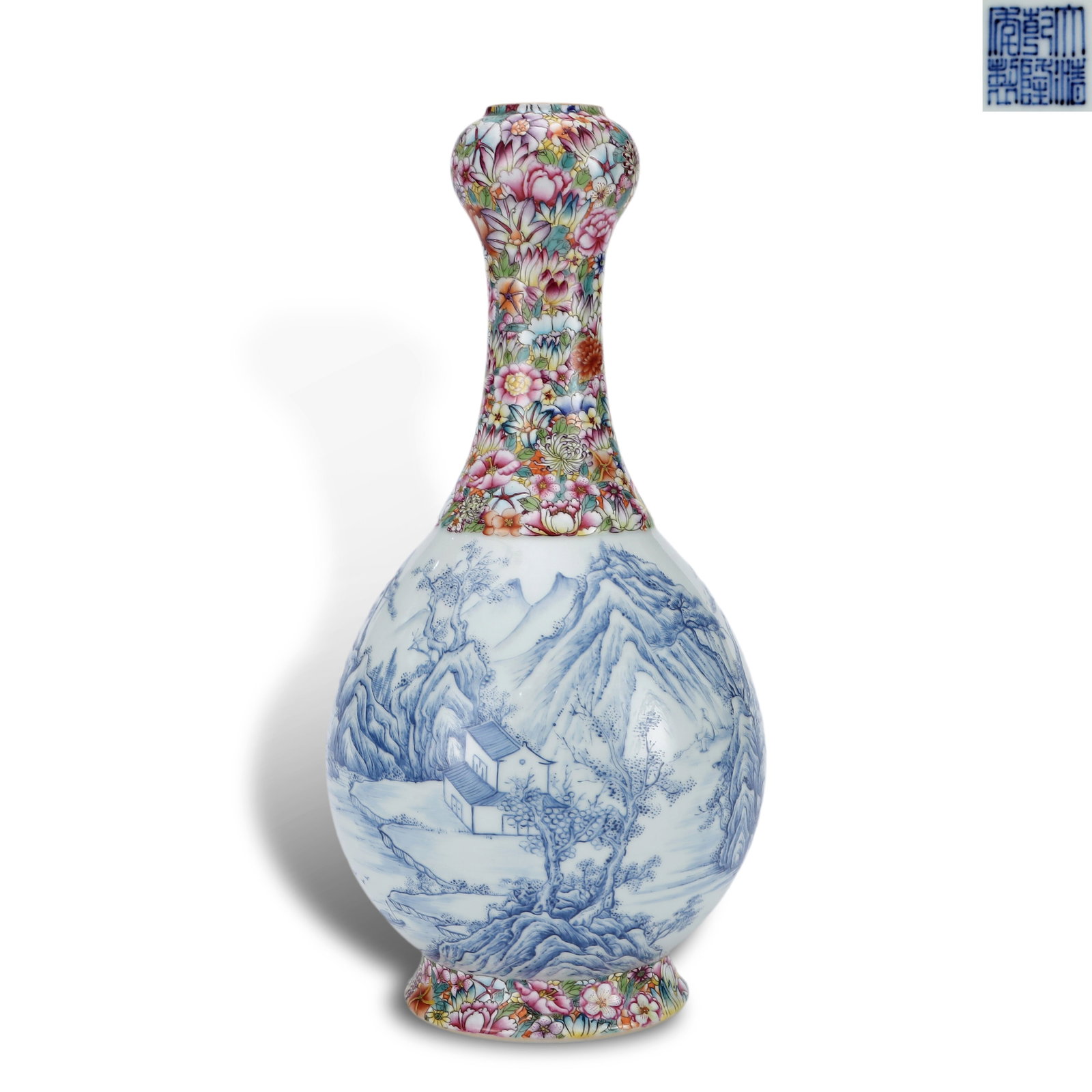 Qing Dynasty Qianlong Period, Enameled Garlic-Head Vase with "Hundred Flowers" and Landscape Motifs: Name Qing Dynasty Qianlong Period, Enameled Garlic-Head Vase with "Hundred Flowers" and Landscape Motifs Dimensions H:28.8cm D:14.5cm Description
