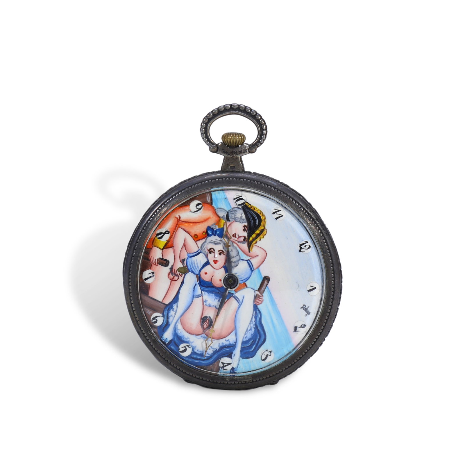 19th Century French Silver & Enamel Pocket Watch with Erotic Scene: Name 19th Century French Silver & Enamel Pocket Watch with Erotic Scene Dimensions D:50mm Description Period: Late 19th CenturyMaterial: Sterling Silver, Polychrome EnamelMovement Signature: