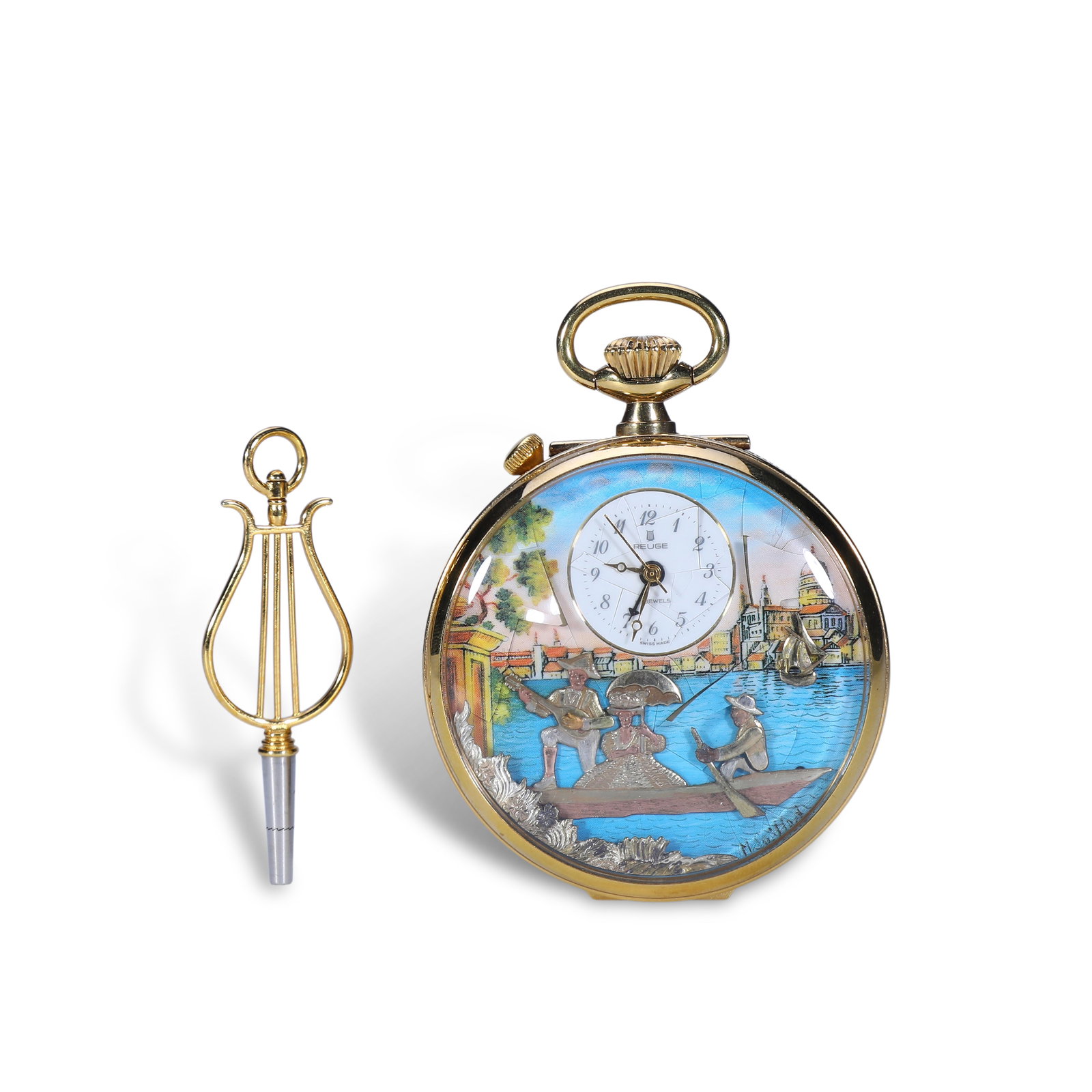 19th Century Swiss Reuge Gold-Filled Enamel Pocket Watch with Erotic Scene: Name 19th Century Swiss Reuge Gold-Filled Enamel Pocket Watch with Erotic Scene Dimensions D:56mm Description
