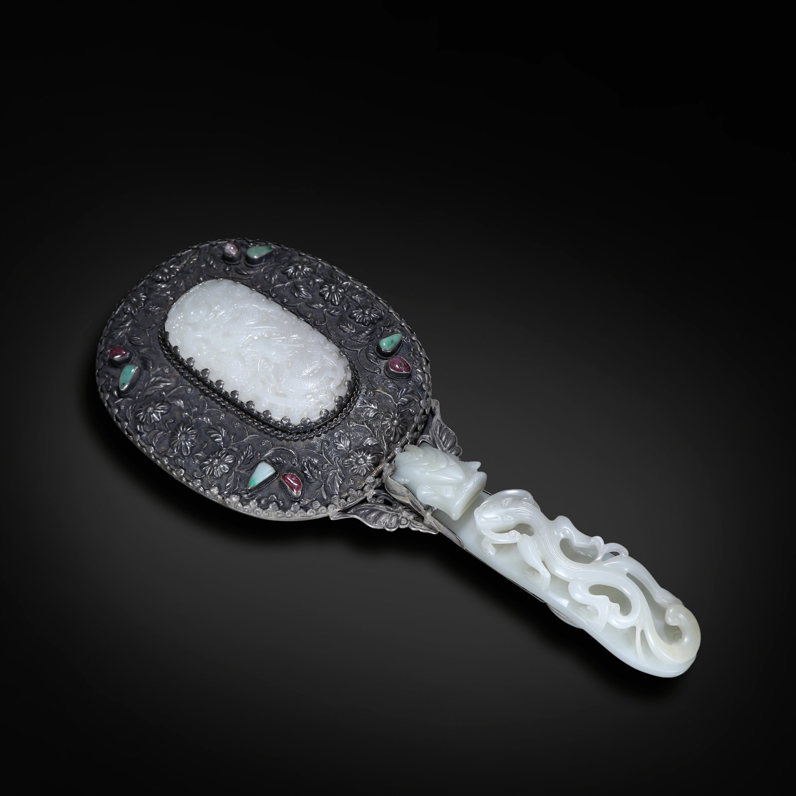 Qing Dynasty Silver Hand Mirror Inlaid with White Jade, with Dragon Hook Handle (1 of 5)