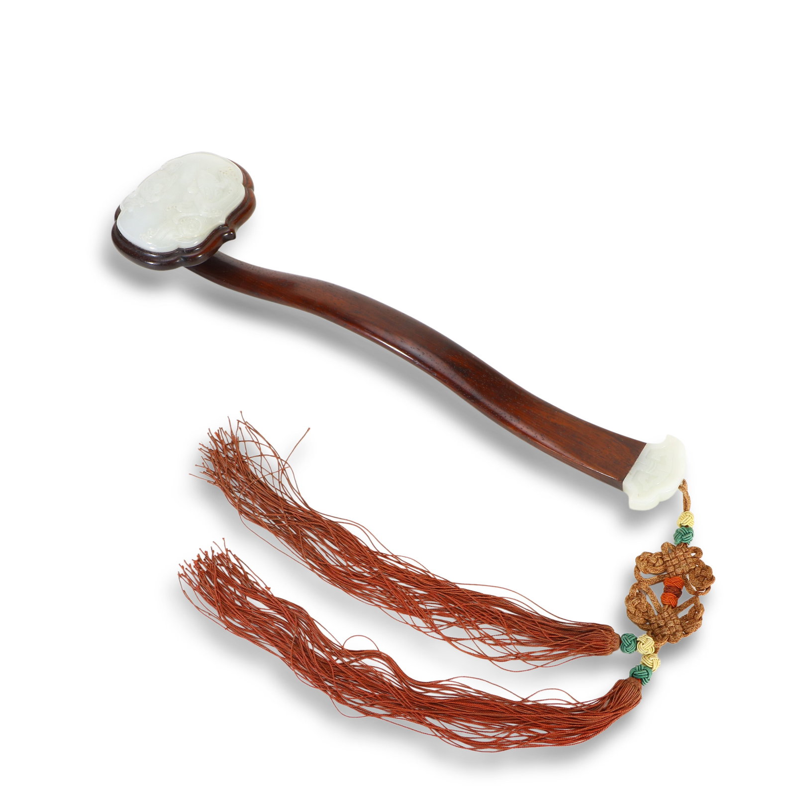 Qing Dynasty Redwood Ruyi Scepter Inlaid with Hotan White Jade Carved Waves and Fish Motifs: Name Qing Dynasty Redwood Ruyi Scepter Inlaid with Hotan White Jade Carved Waves and Fish Motifs Dimensions L:43cm W:11.1cm Description