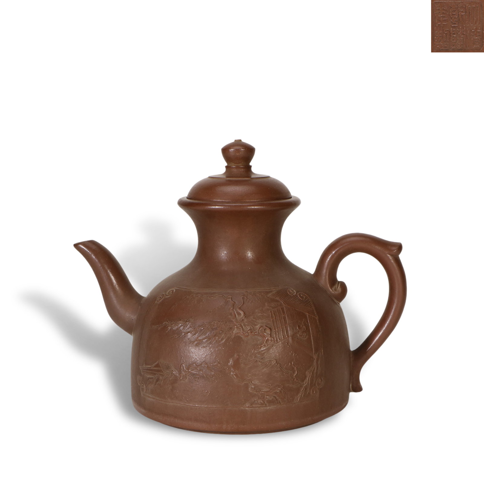 Qing Dynasty Qianlong period, Yixing clay ewer with clay-painted tea-making scene and imperial poems: Name Qing Dynasty Qianlong period, Yixing clay ewer with clay-painted tea-making scene and imperial poems by Qianlong, lid fitted by Wang Yinxian Dimensions H:13.4cm W:16.9cm Description