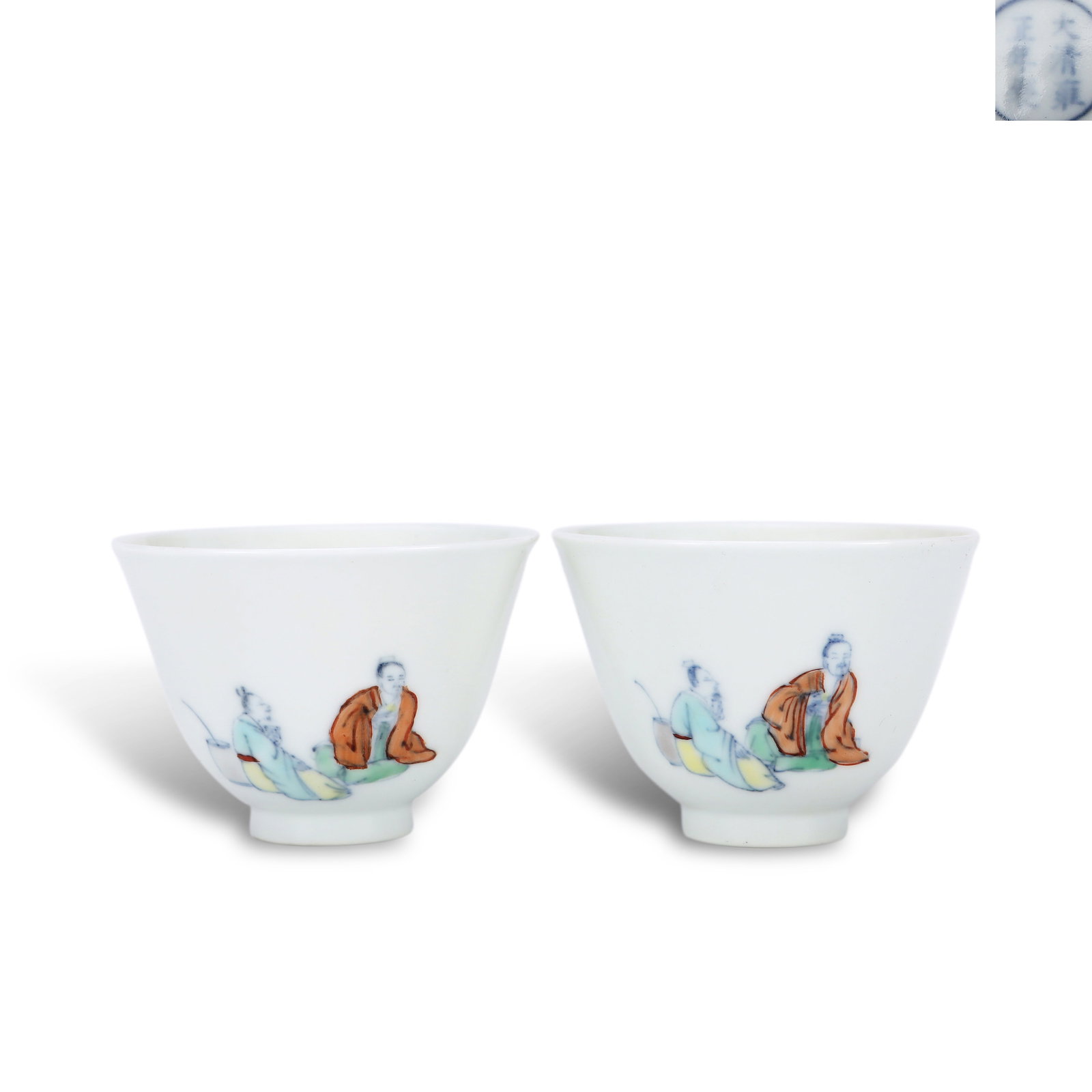 Qing Yongzheng period, Pair of Doucai Cups with Scholars Drinking (1 of 6)