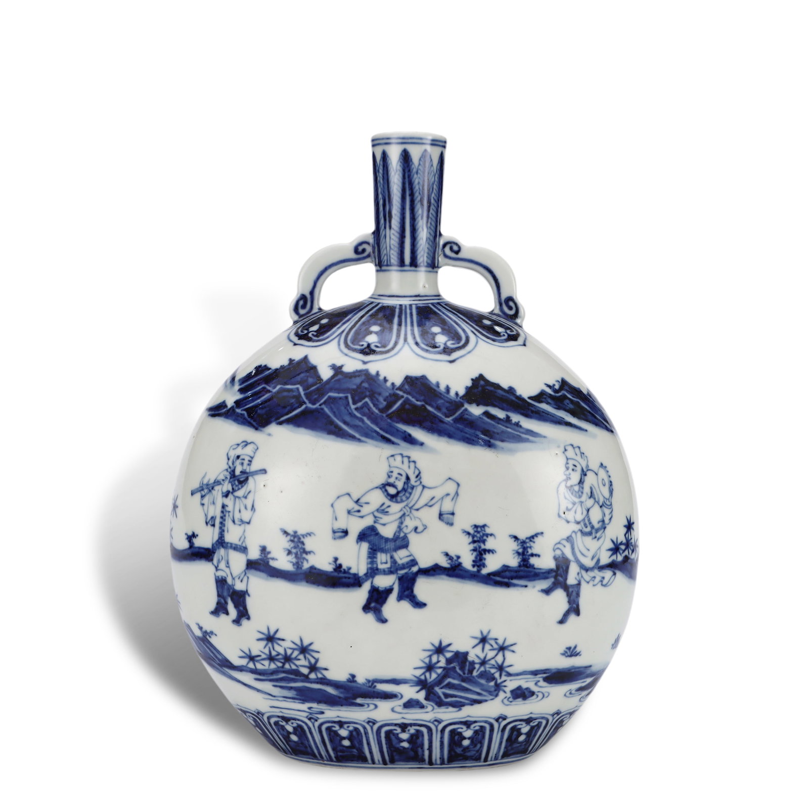 Ming Dynasty Yongle Period,Blue and White Flask with Foreign Dancers and Musicians: Name Ming Dynasty Yongle Period,Blue and White Flask with Foreign Dancers and Musicians Dimensions H:29.8cm W:22cm Description