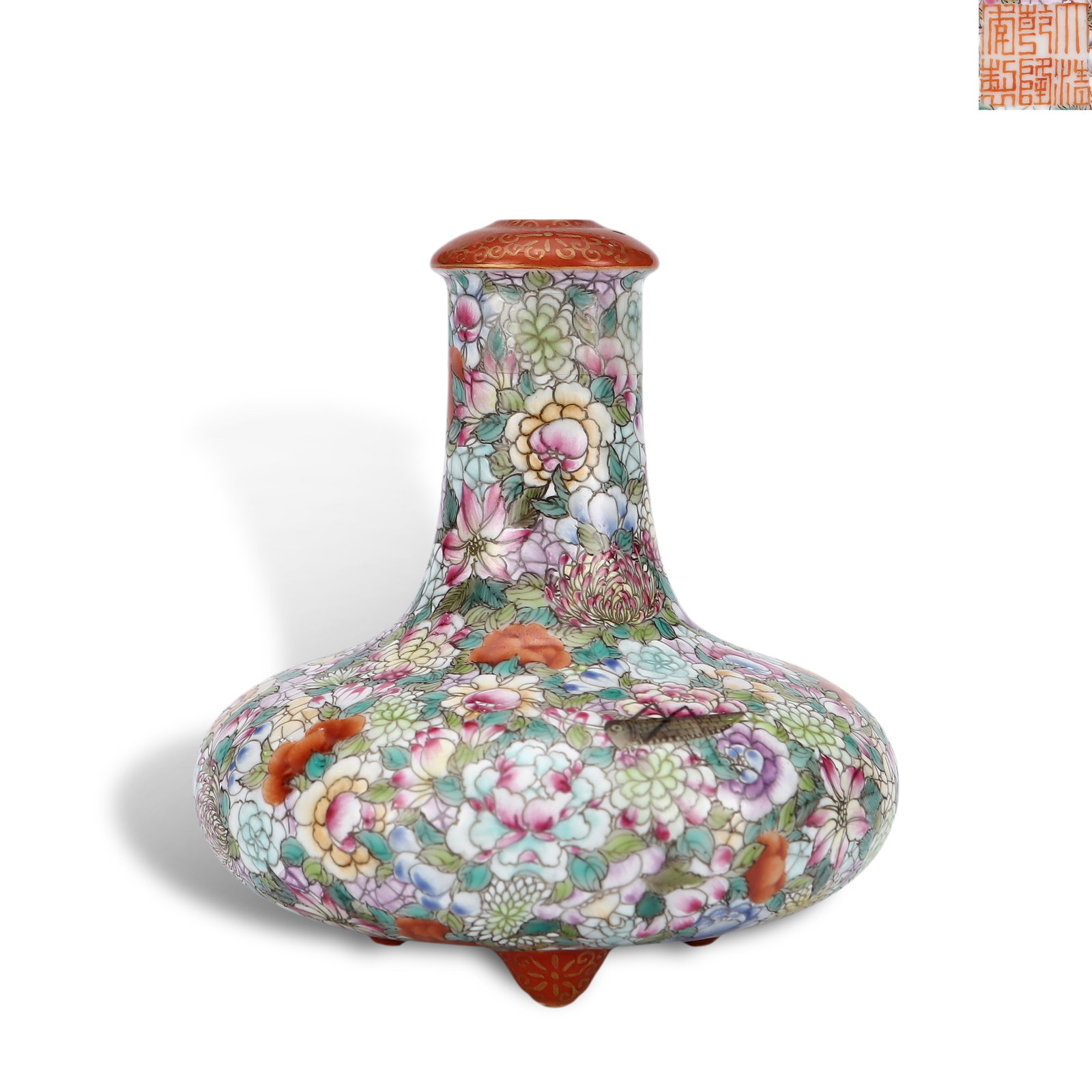 Qing Dynasty Qianlong Period,Famille Rose Three-Footed Vase with Hundred Flowers Motif: Name Qing Dynasty Qianlong Period,Famille Rose Three-Footed Vase with Hundred Flowers Motif Dimensions H:9.7cm D:9cm Description