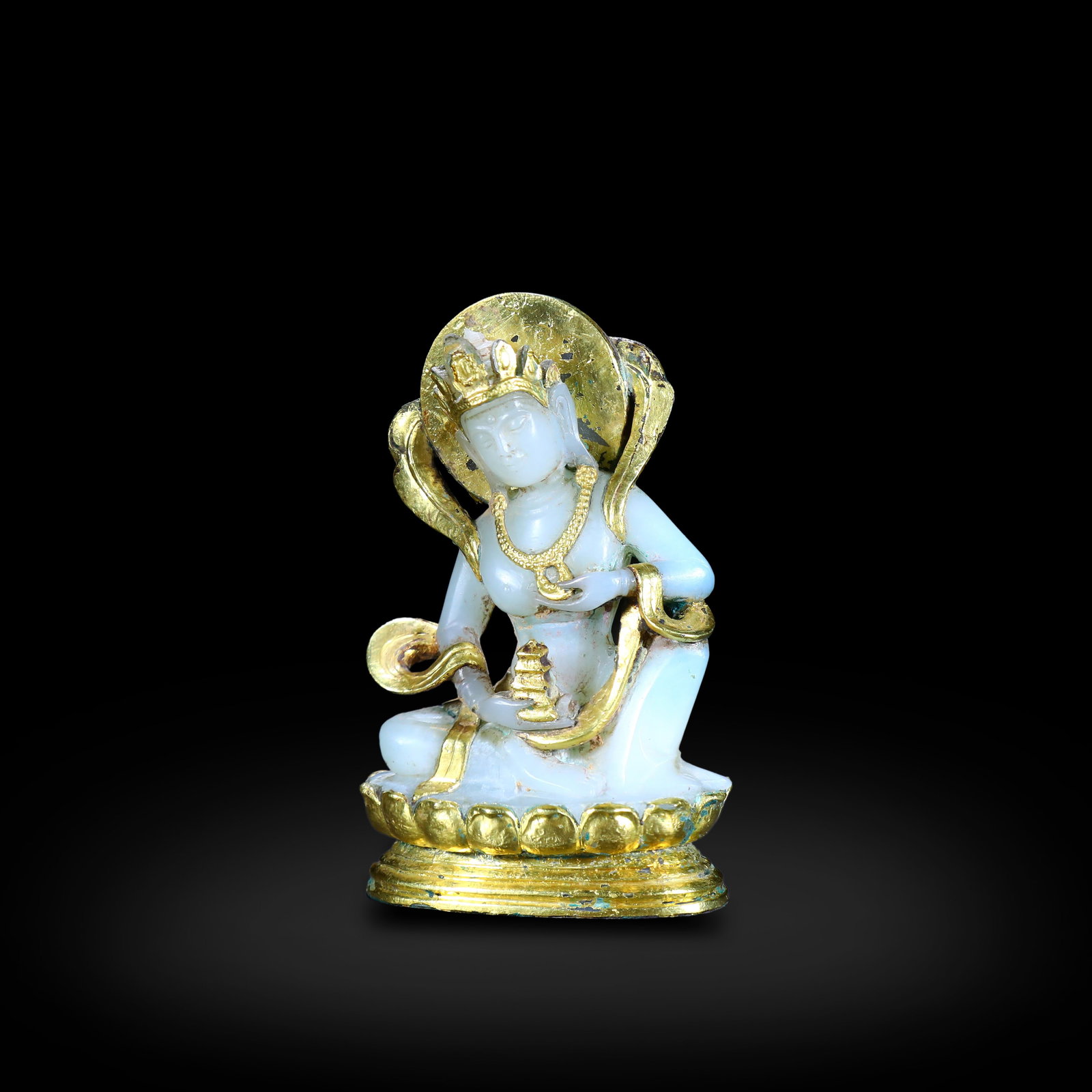 Liao / Jin Dynasty, Gilded Hetian Jade Statue of Bodhisattva: Name Liao / Jin Dynasty, Gilded Hetian Jade Statue of Bodhisattva Dimensions H:8.7cm W:5.4cm Description