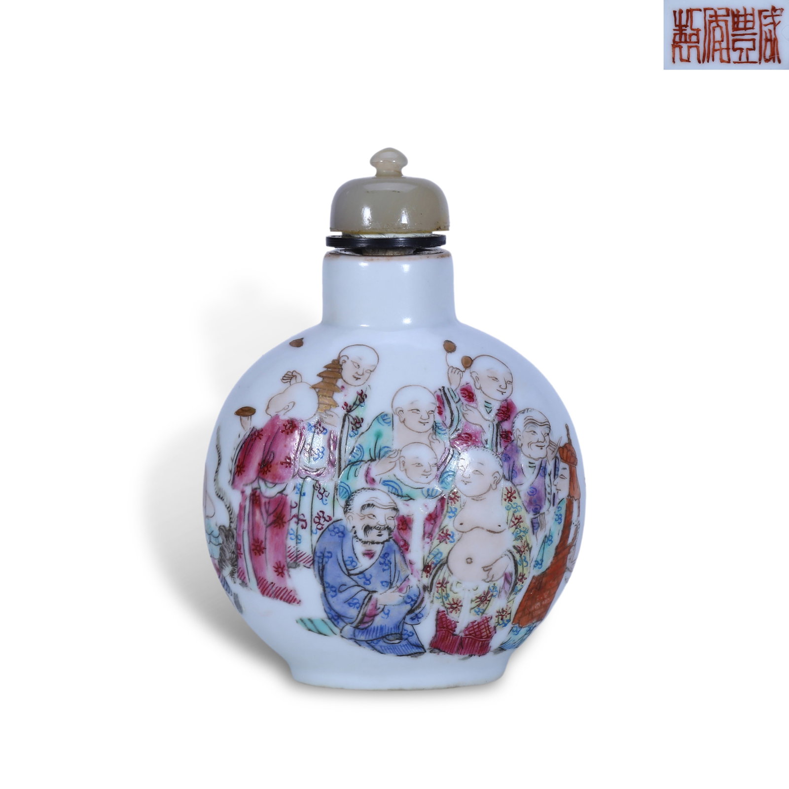 Qing Xianfeng period, Famille Rose Snuff Bottle with Eighteen Arhats: Name Qing Xianfeng period, Famille Rose Snuff Bottle with Eighteen Arhats Dimensions H:8cm W:5.7cm Description