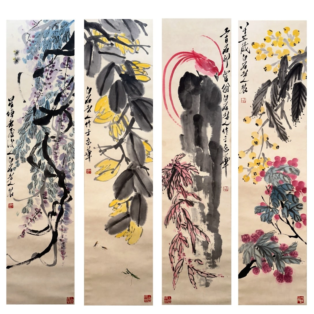 Qi Baishi, Four Screens of Flowers and Birds (1 of 20)