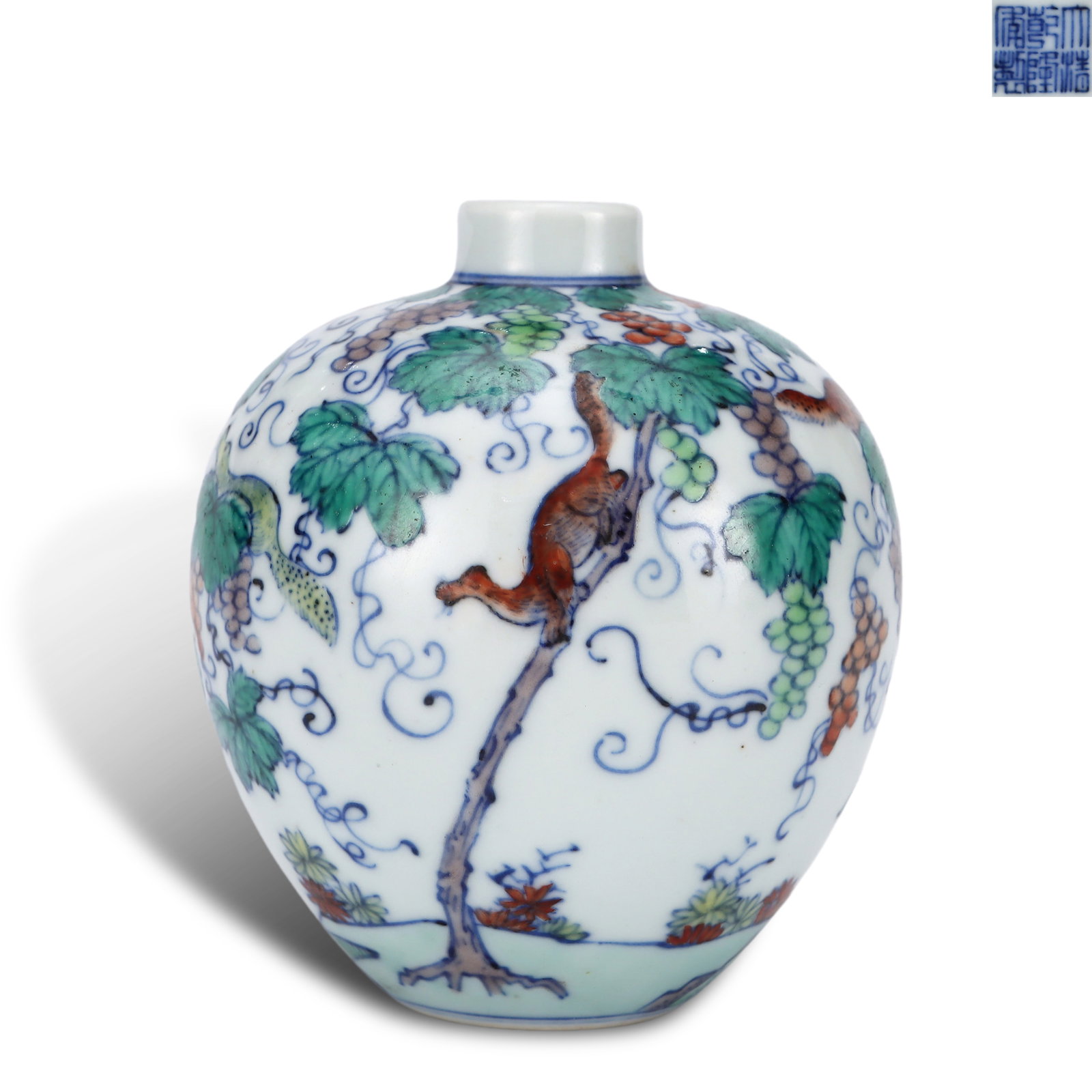 Qing Dynasty Qianlong Period,Doucai Jar with Squirrel and Grape Motifs: Name Qing Dynasty Qianlong Period,Doucai Jar with Squirrel and Grape Motifs Dimensions H:9.5cm D:8cm Description
