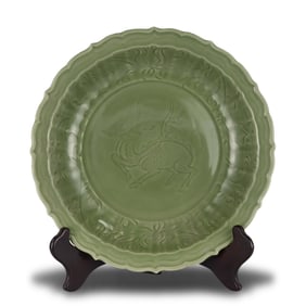 Ming Dynasty Longquan kiln large lotus-rimmed plate with kylin patterns