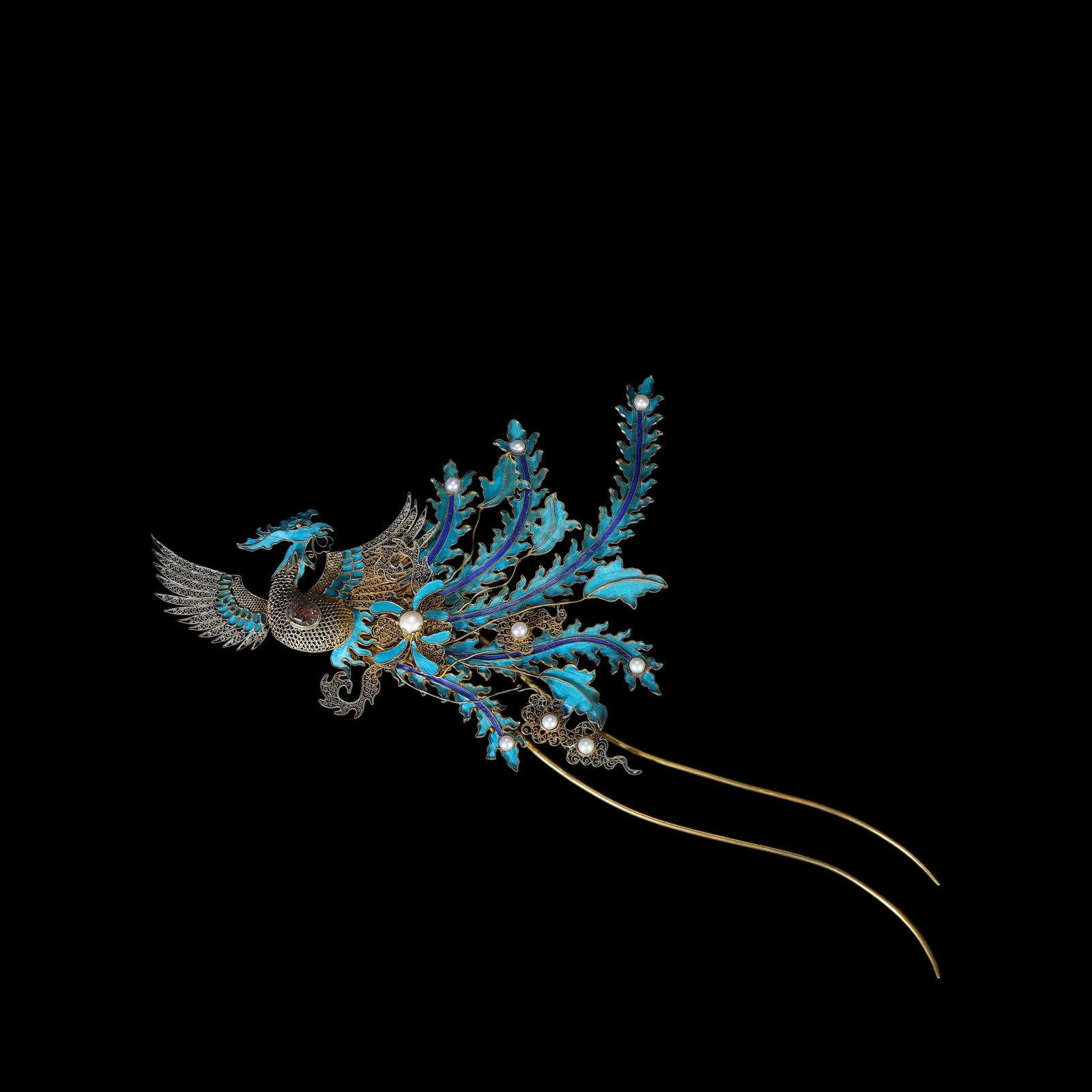 Qing Dynasty, Gilt Silver Kingfisher Feather Phoenix Hairpin Inlaid with Gems: Name Qing Dynasty, Gilt Silver Kingfisher Feather Phoenix Hairpin Inlaid with Gems Dimensions L:26.5cm W:16.5cm Wt:53.6g Description